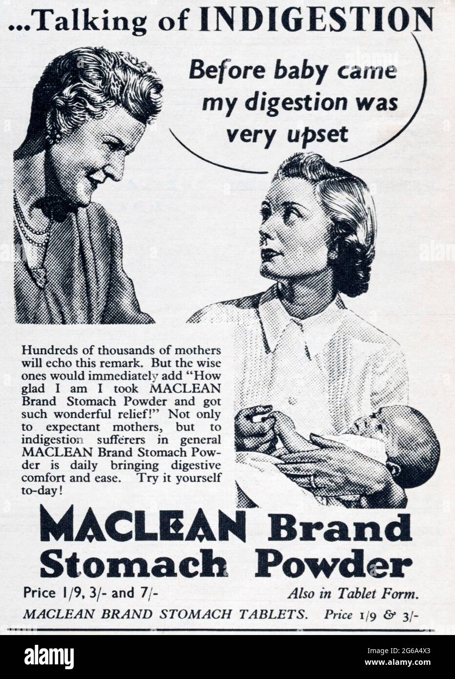 Una pubblicità della rivista degli anni '50 per Maclean brand stomaco polvere. Foto Stock