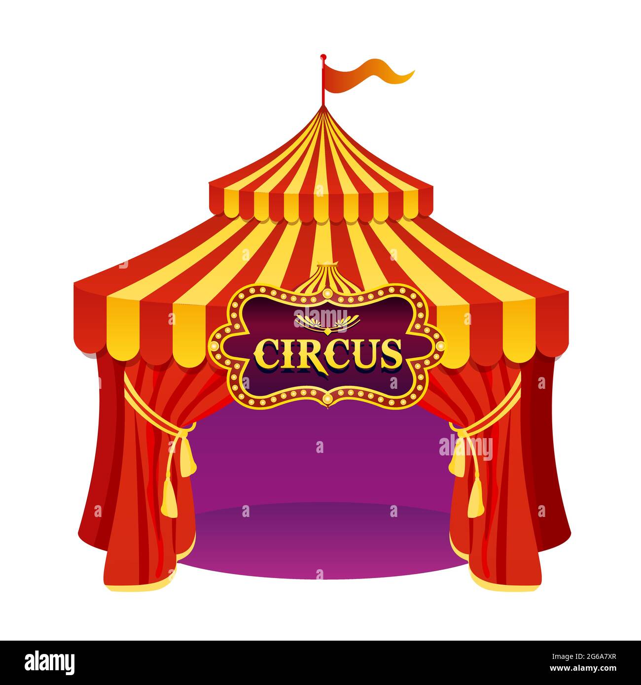Immagine vettoriale di colori luminosi tenda circus con bellissimo emblema isolato su sfondo bianco. Illustrazione Vettoriale