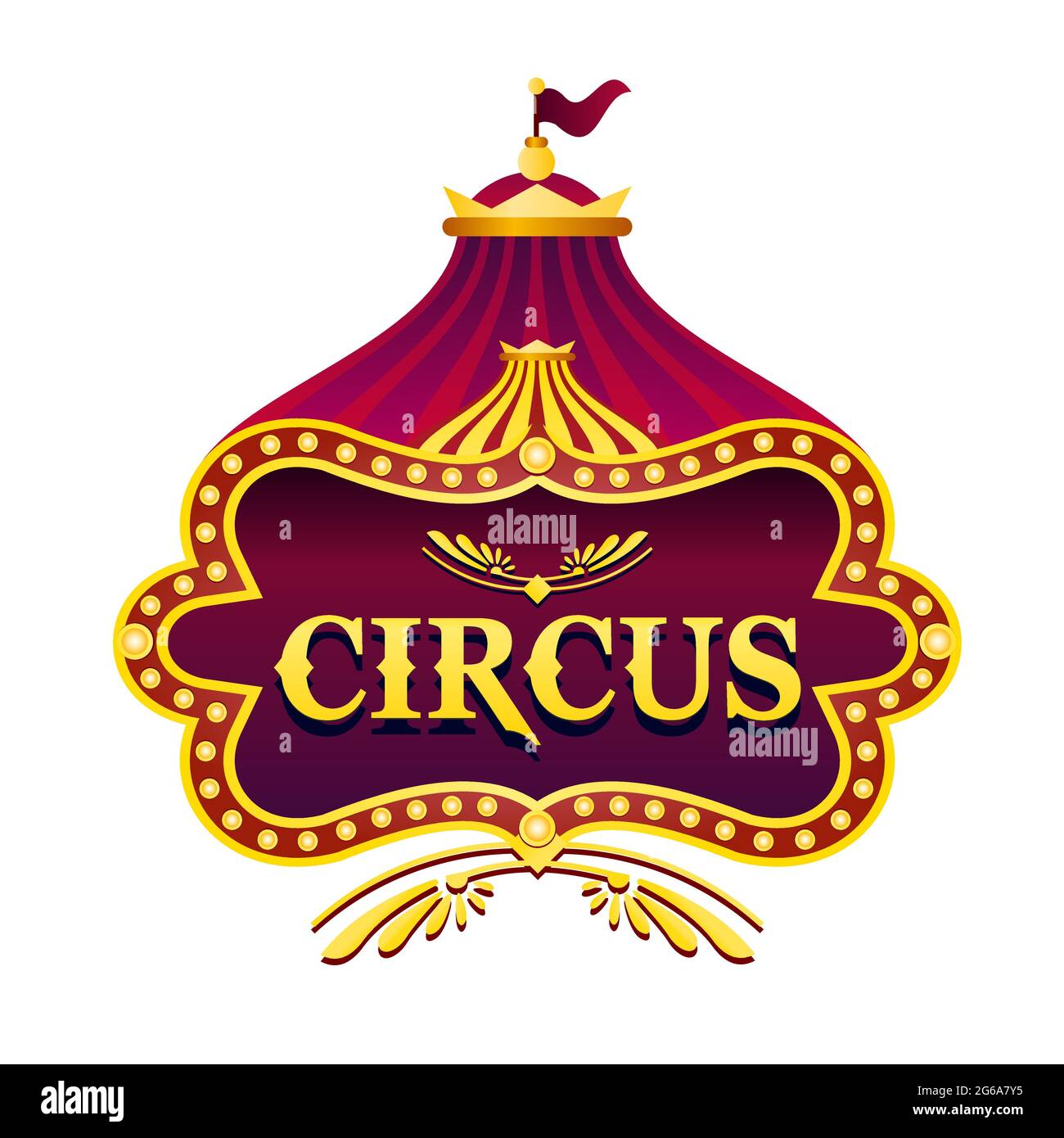 Illustrazione vettoriale del simbolo di luce circense. Vintage banner retrò circo con luminosa tenda a cupola, punti di forza, ghirlande. Poster vettoriale divertente Illustrazione Vettoriale