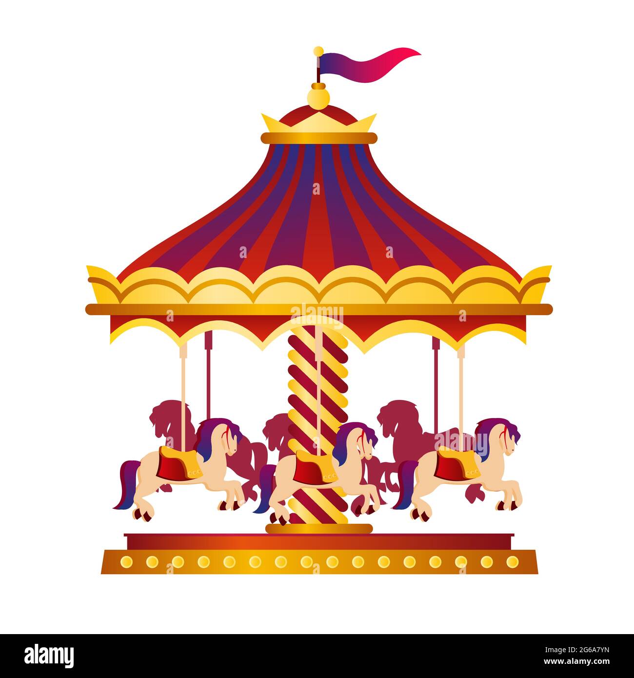 Illustrazione vettoriale della giostra circense colorata e luminosa, rotonda con cavalli, concetto circense in stile cartoon su sfondo bianco. Illustrazione Vettoriale