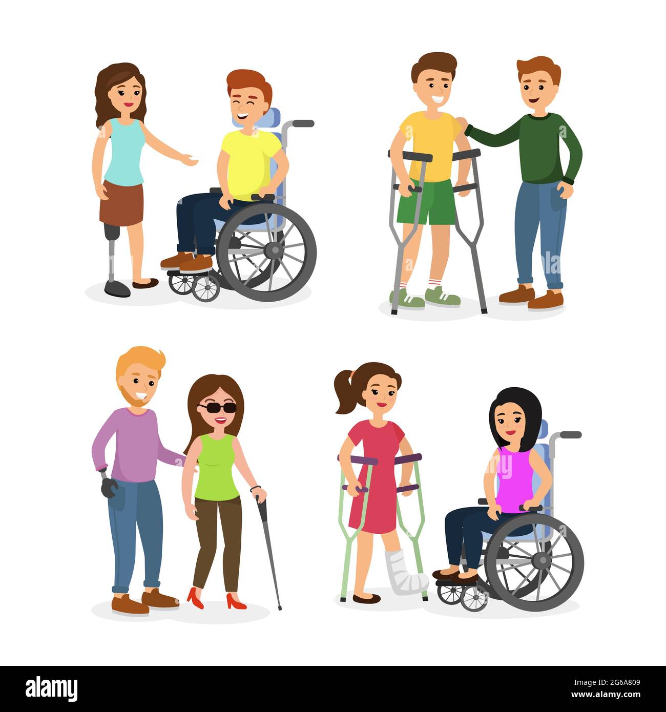 Illustrazione vettoriale di disabili e disabili con persone in carrozzina su stampelle donna cieca in stile cartoon piano. Illustrazione Vettoriale
