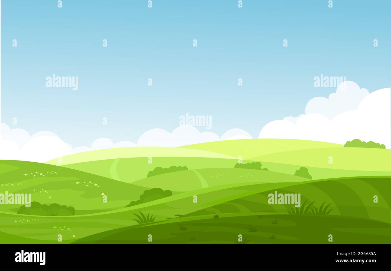 Illustrazione vettoriale di splendidi campi paesaggio con un'alba, colline verdi, cielo blu di colore brillante, sfondo in stile cartoon piano. Illustrazione Vettoriale
