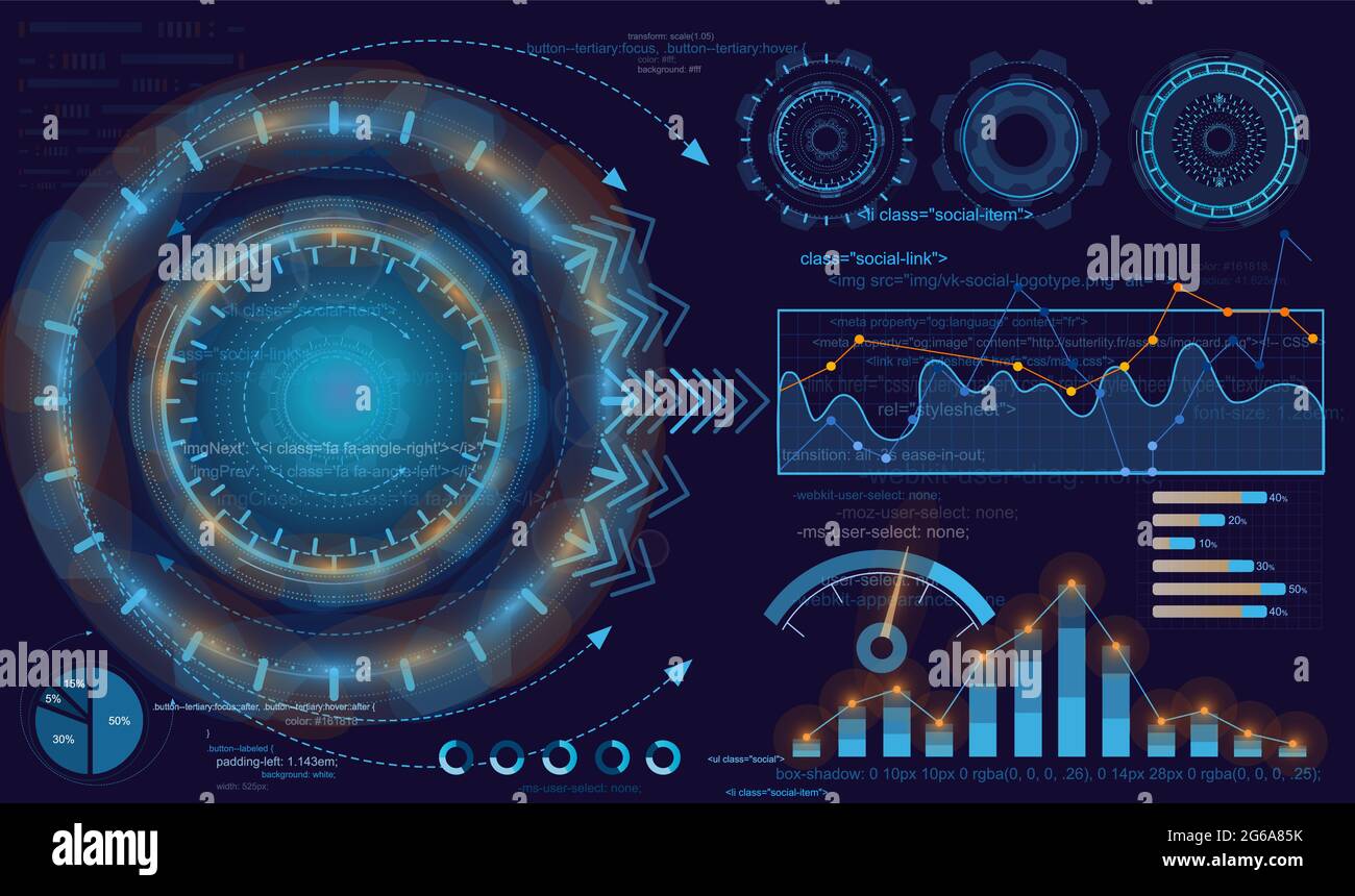 Illustrazione vettoriale di visualizzazione digitale, statistica e dati, infografica informativa. Background HUD, elementi infografici, business futuristico Illustrazione Vettoriale