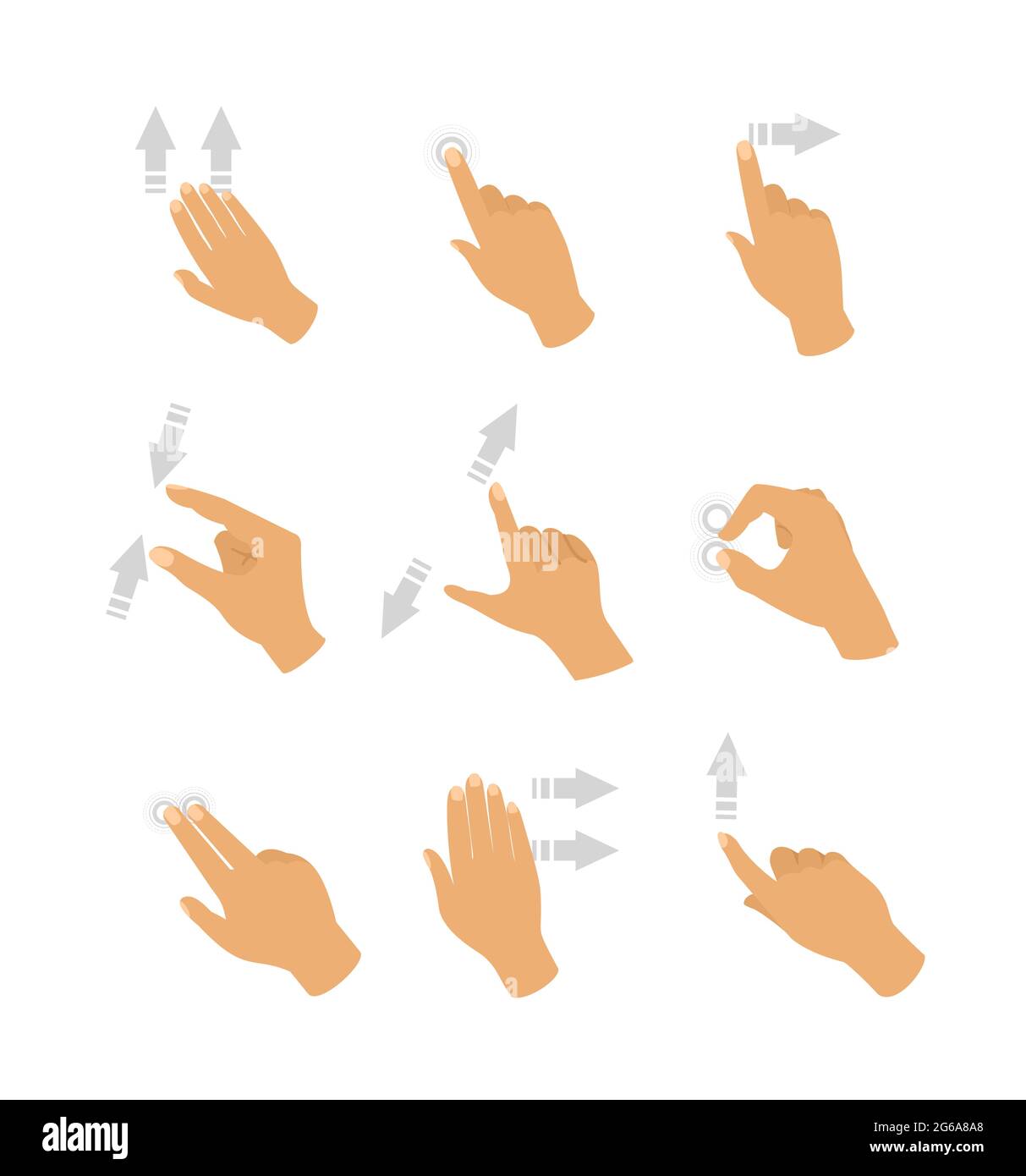 Illustrazione vettoriale Set di gesti con le mani dello schermo a sfioramento con frecce di colore grigio che mostrano la direzione di movimento delle dita isolate su sfondo bianco in Illustrazione Vettoriale