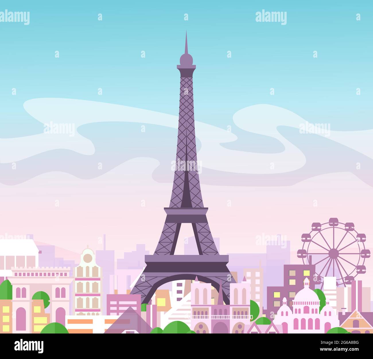 Illustrazione vettoriale dello splendido skyline della città con edifici e alberi in colori pastello. Simbolo di Parigi in stile piatto e carino con la città e Eiffel Illustrazione Vettoriale