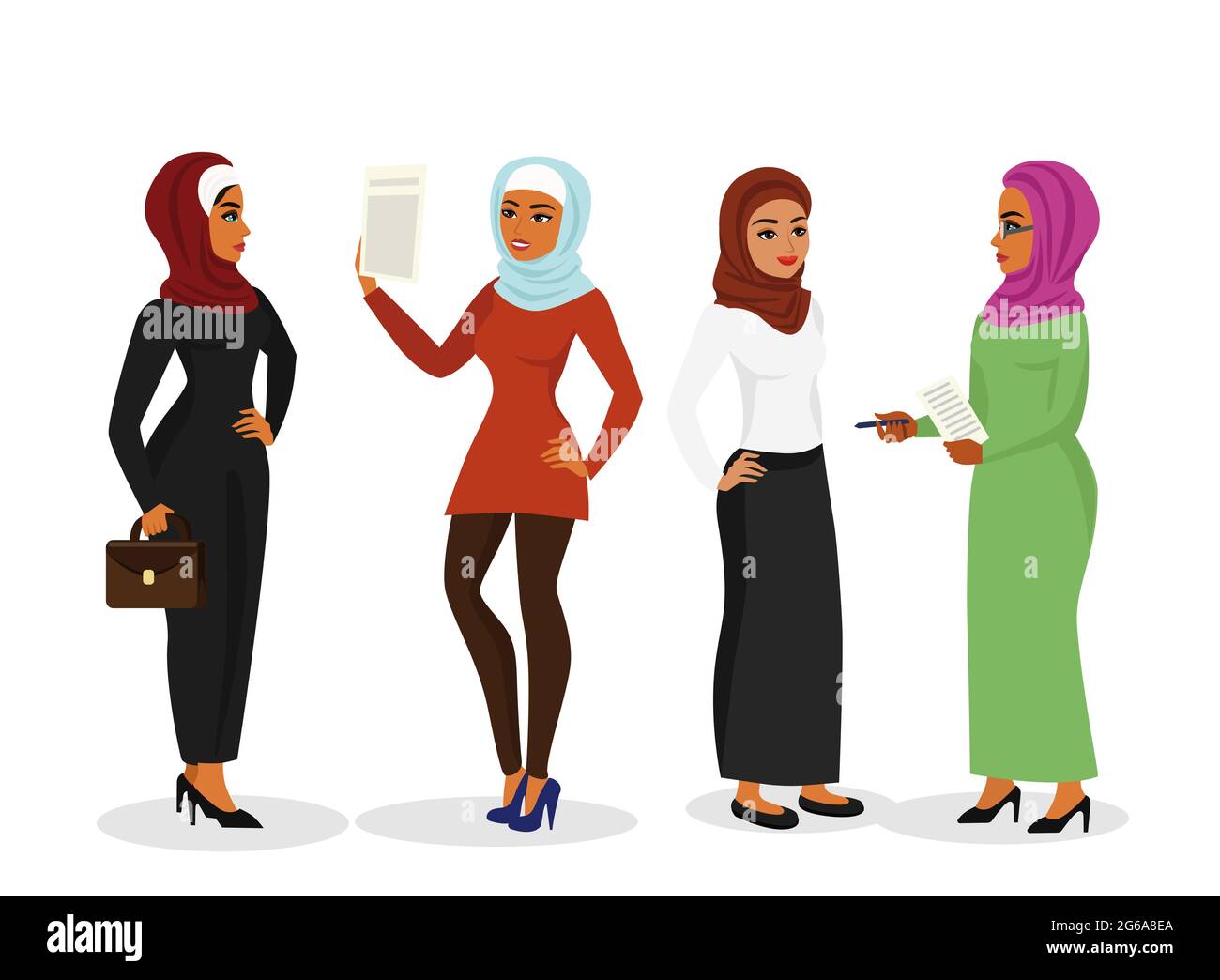 Illustrazione vettoriale insieme di bella donna araba d'affari in abiti musulmani tradizionali che parlano e sorridendo insieme, carattere con hijab in piano Illustrazione Vettoriale