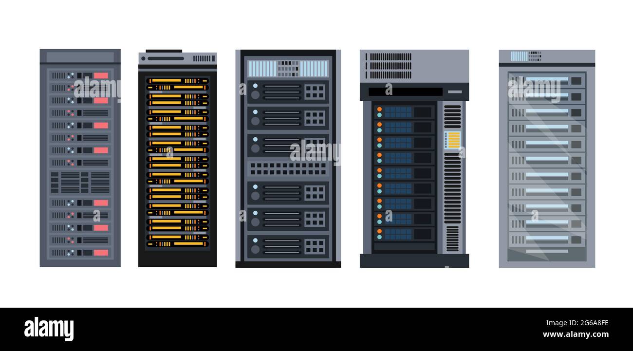 Set di illustrazioni vettoriali di vari rack server cartoon, diversi tipi di raccolta rack server di elementi in design piatto. Illustrazione Vettoriale
