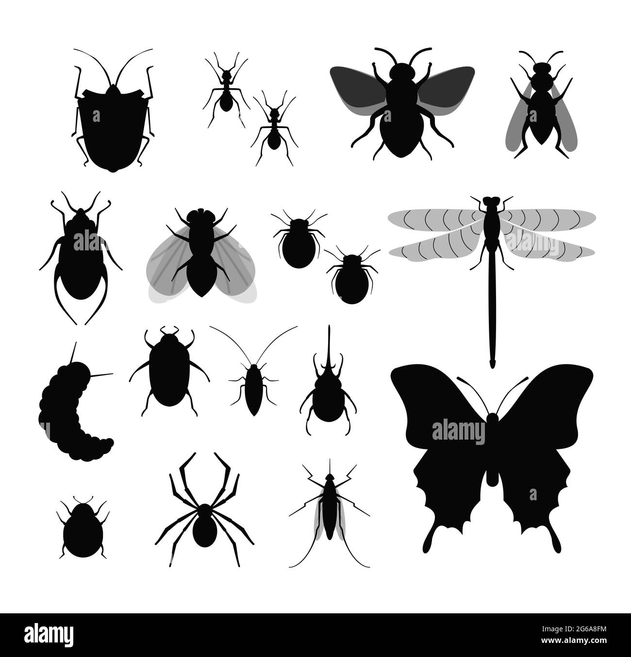 Illustrazione vettoriale insieme di insetti, raccolta di differenti silhouette di insetti, mosca, ape, zecche e bug, ragno su sfondo bianco. Illustrazione Vettoriale