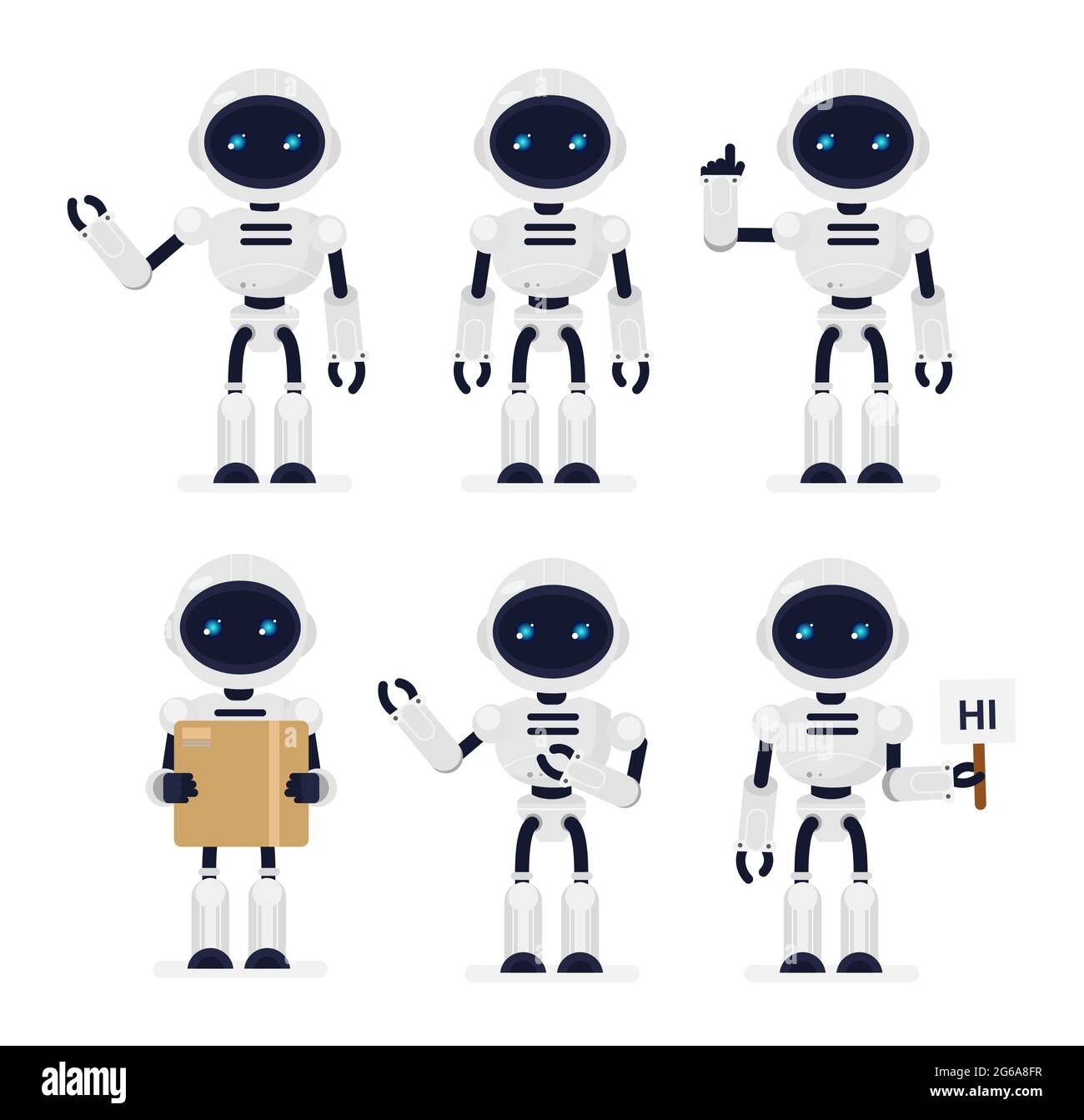 Illustrazione vettoriale Set di robot carini in diverse posizioni su sfondo bianco. Tecnologie, concetto di robot in stile piano cartoon. Illustrazione Vettoriale