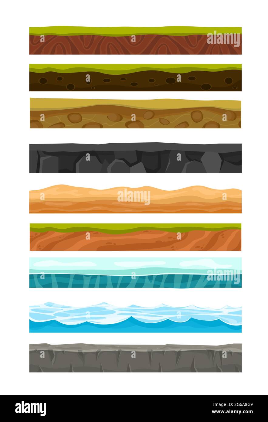 Illustrazione vettoriale insieme di terreni, terreno e terreno per gioco UI. Raccolta di terreni cartoni animati e terreno in primo piano con lame di strati di erba, rocce Illustrazione Vettoriale