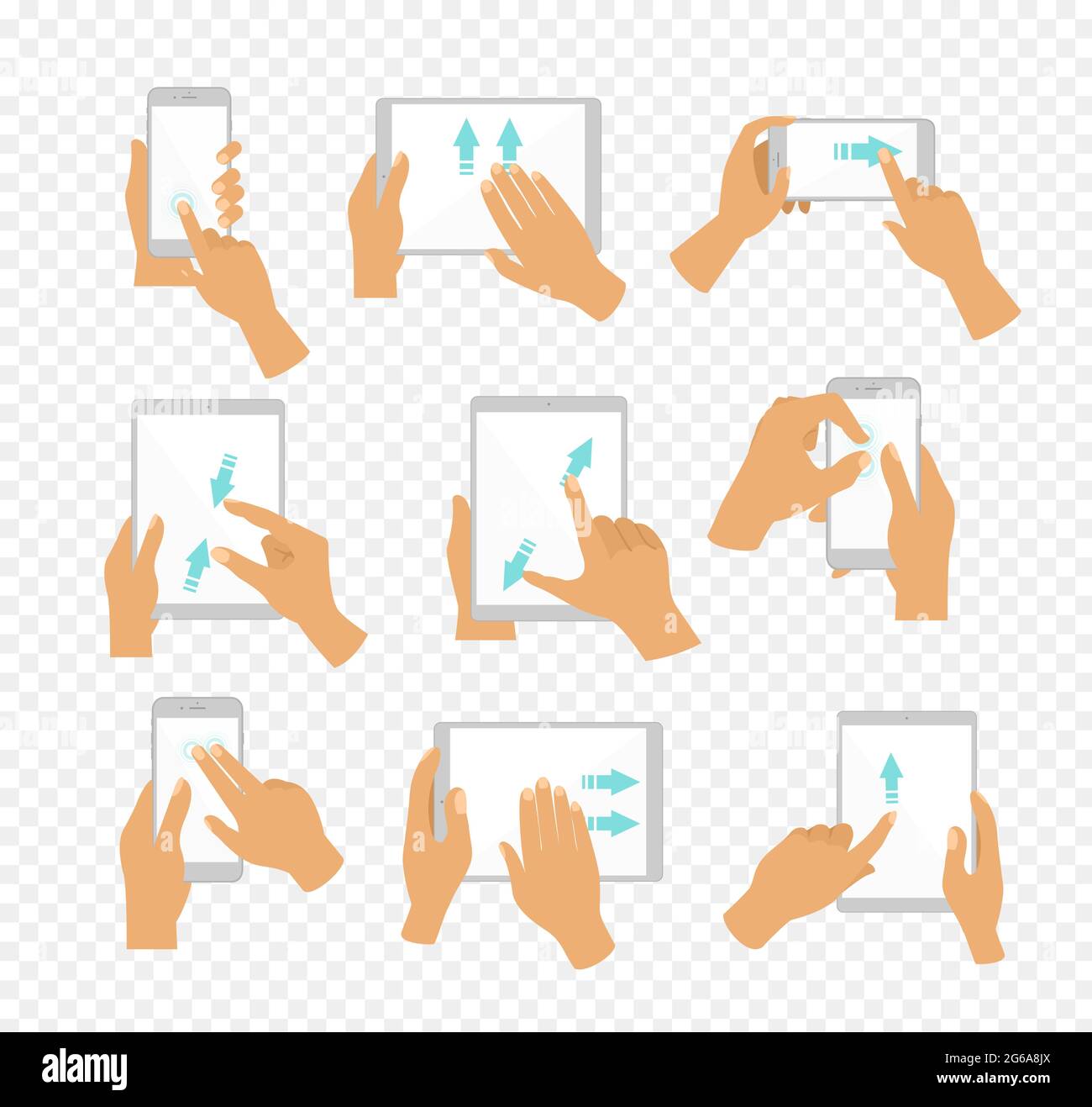 Illustrazione vettoriale insieme di icone a mano piatta che mostrano i gesti multitouch comunemente utilizzati per tablet touchscreen o smartphone, touchscreen con dita e. Illustrazione Vettoriale