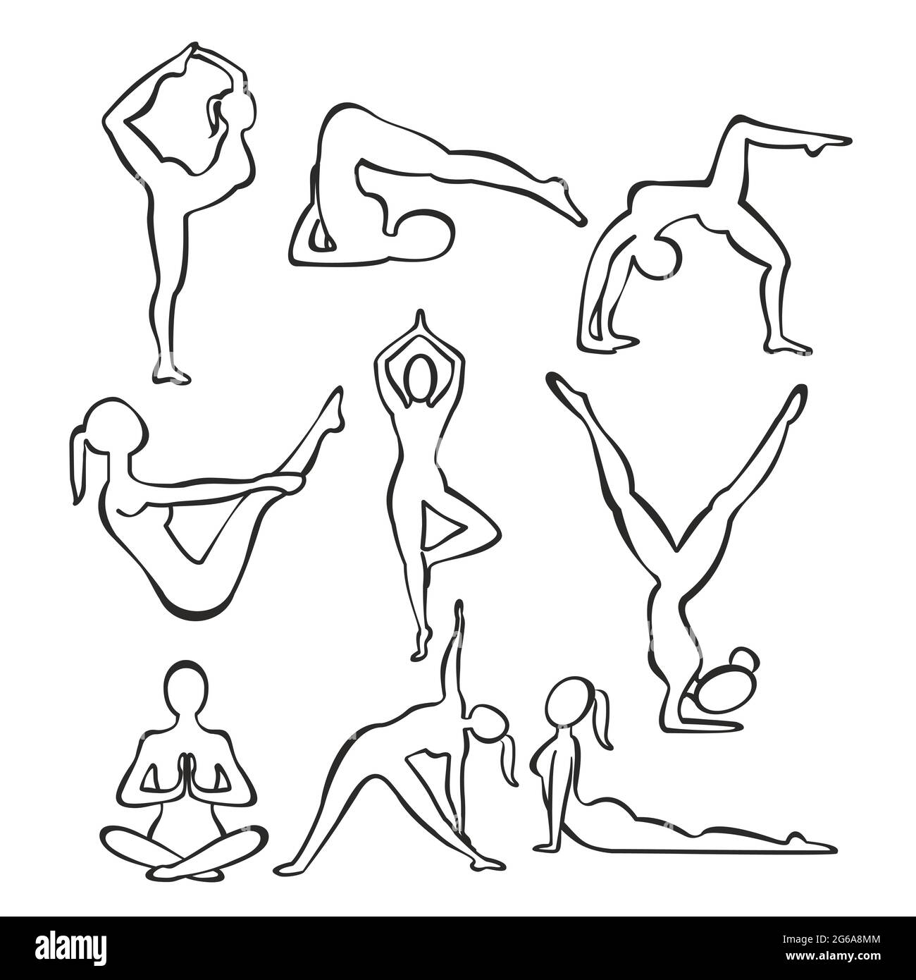 Illustrazione vettoriale insieme di sagome di contorno di ragazze slim che praticano posizioni yoga, linee forme di donna che fa yoga, concetto di allenamento fitness. Illustrazione Vettoriale