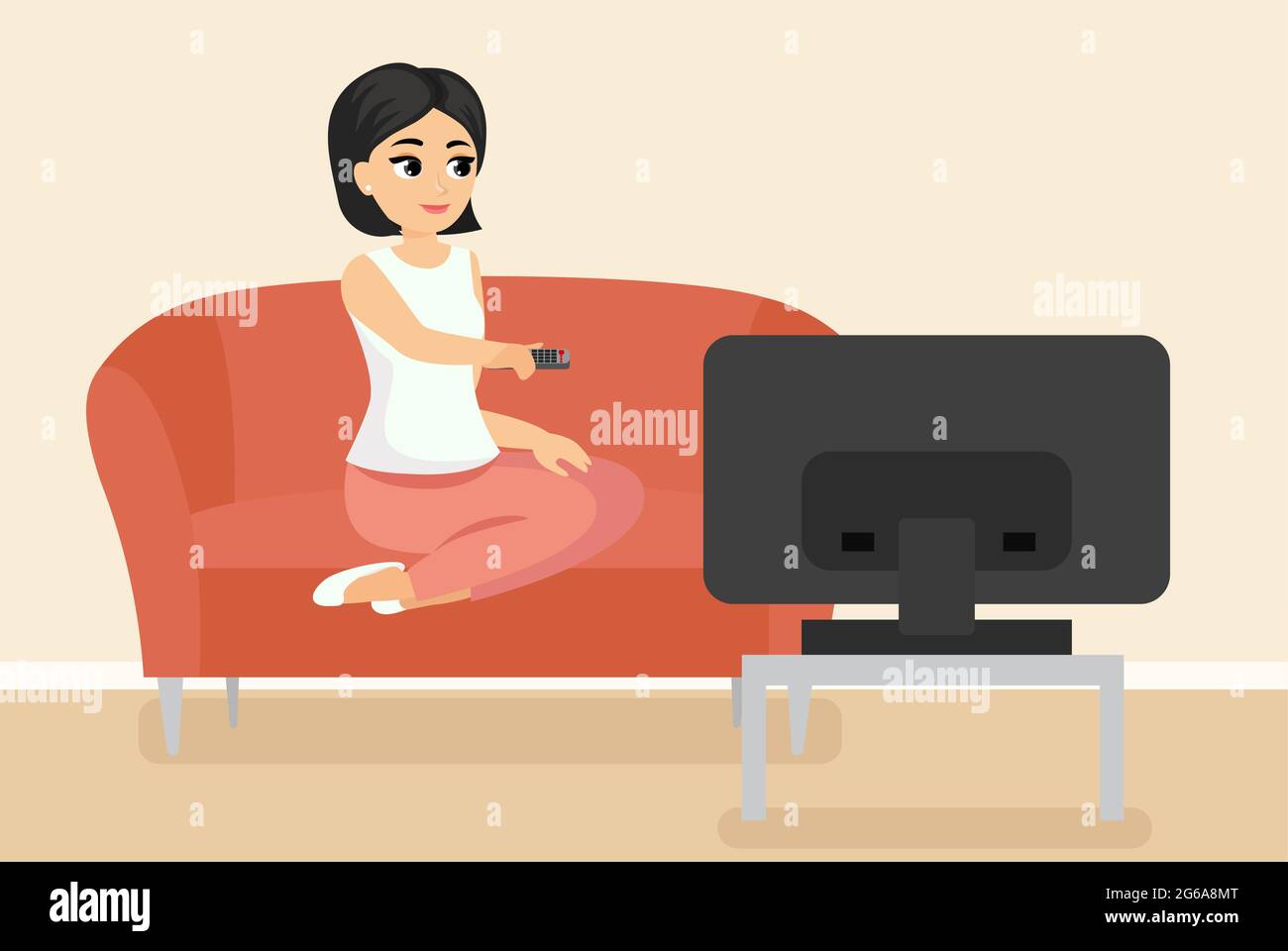 Immagine vettoriale della donna seduta sul divano che guarda la TV. Giovane ragazza adulta sul divano di fronte allo schermo televisivo in stile piatto cartoon. Illustrazione Vettoriale