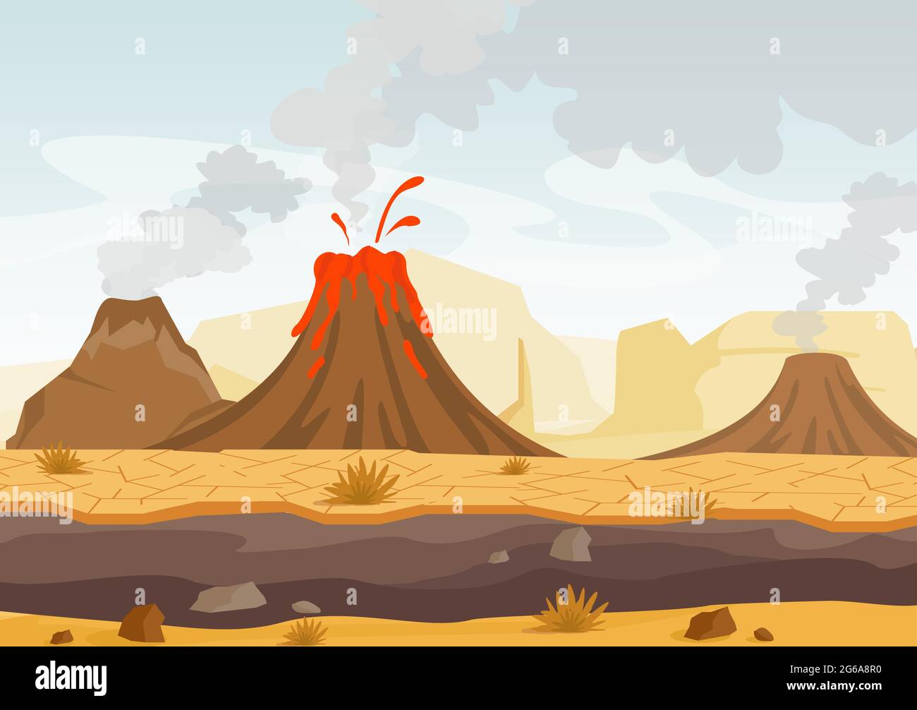 Illustrazione vettoriale del paesaggio preistorico con eruzione vulcanica, lava e cielo fumoso, paesaggio con montagne e vulcani in stile cartoon piano. Illustrazione Vettoriale