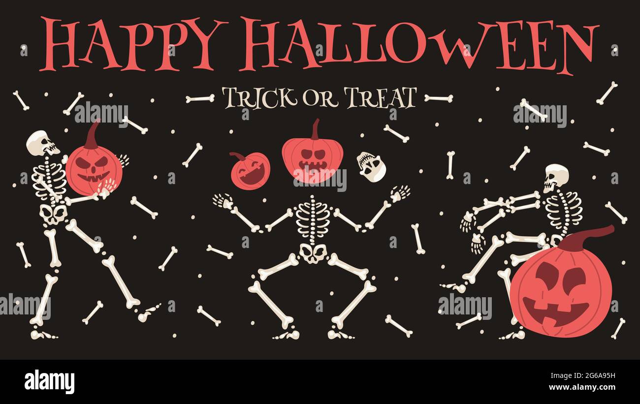 Poster Happy Halloween party. Scheletro di Halloween spooky con zucche festivo banner vettoriale illustrazione di sfondo. Halloween Skeletons partito Illustrazione Vettoriale