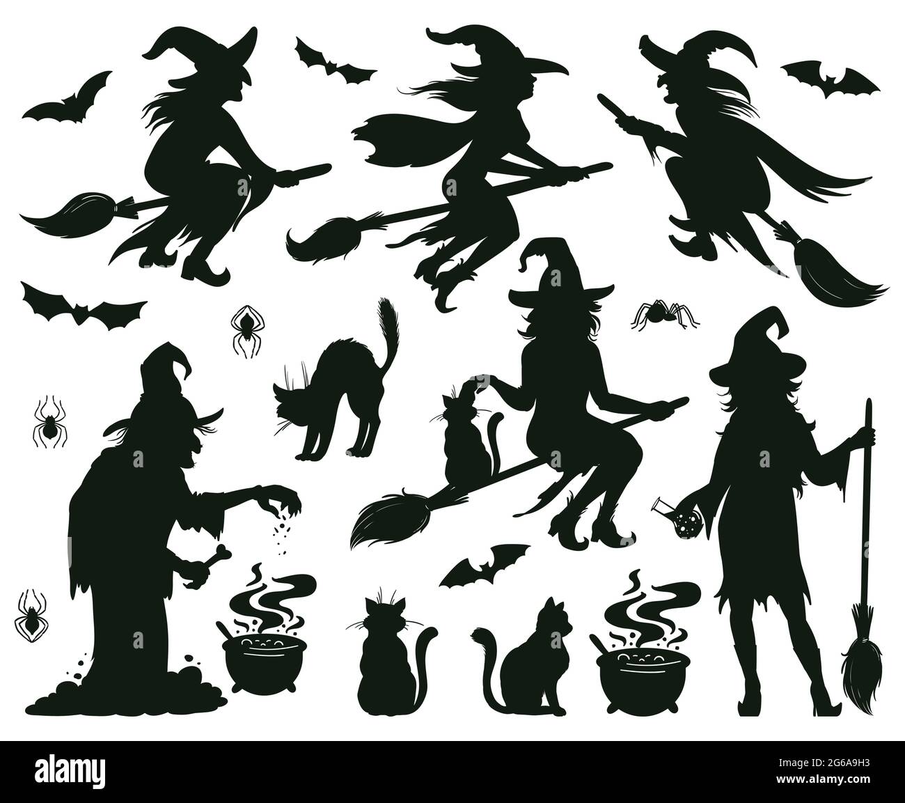 Silhouette delle streghe di Halloween. Magiche Signore strega con scopa, cappelli e pipistrelli, streghe spaventose che fanno magici insieme di illustrazione vettoriale. Maghi femminili Illustrazione Vettoriale