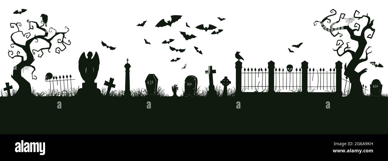 Paesaggio da incubo di Halloween. Cartoon spettrale Halloween cimitero paesaggio vettore di sfondo illustrazione. Silhouette con vista sul cimitero di Halloween Illustrazione Vettoriale