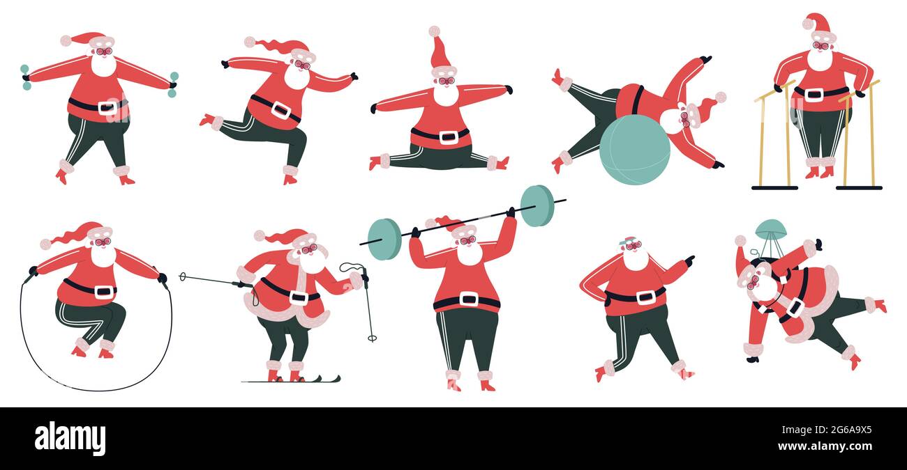 Esercizio di Babbo Natale. Carattere cute sportivo di Santa, simbolo di festa invernale facendo esercizi di fitness insieme di illustrazione vettoriale. Babbo Natale sport Illustrazione Vettoriale