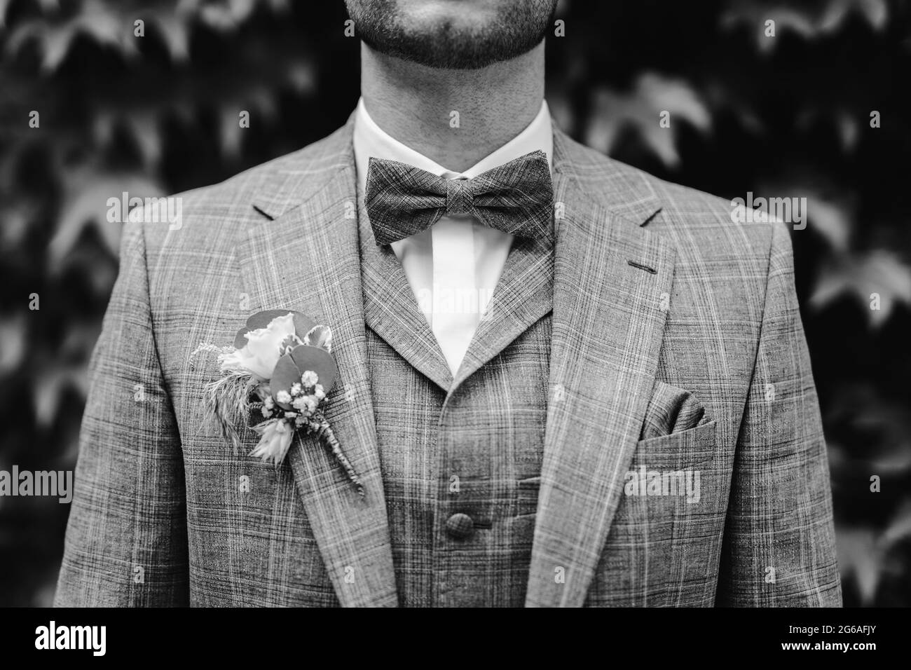 Sposo che indossa un bowtie e un abito grigio da vicino Foto Stock