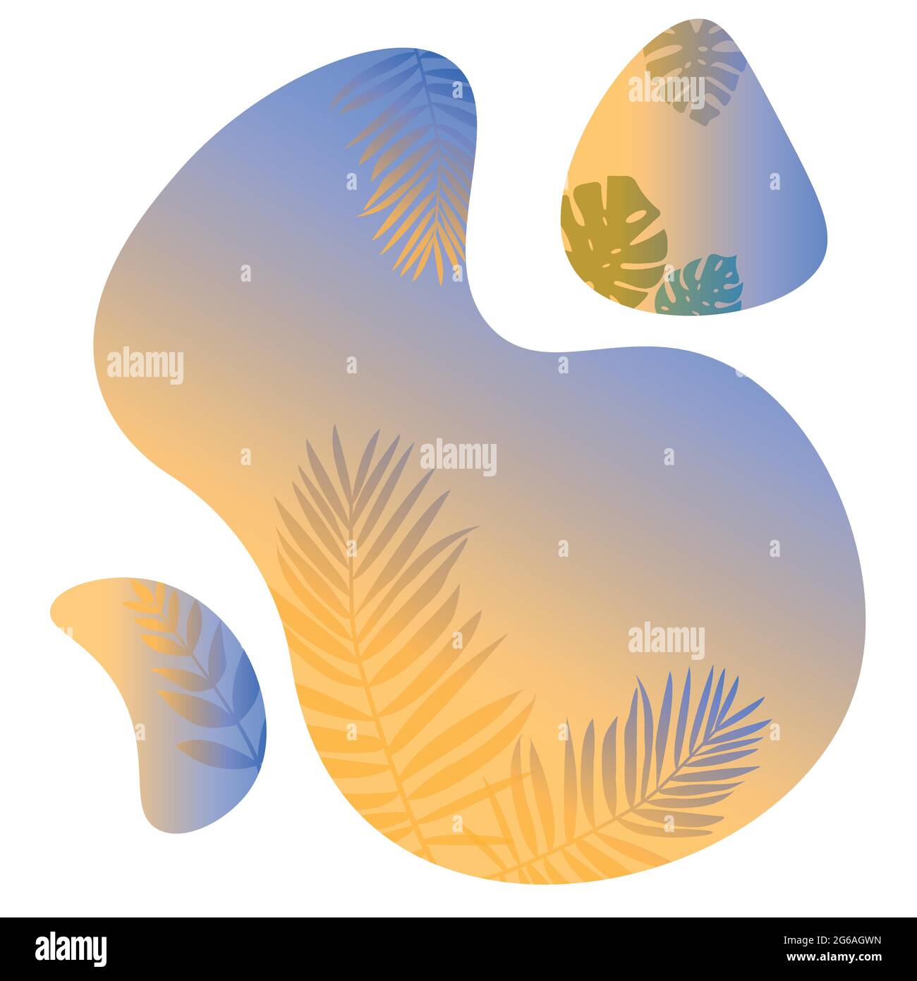 Set di sfondi sfumati. Piante tropicali crescono all'interno delle forme al neon. Monstera e foglie di palma in gocce di liquido. Nuova direzione per il tuo progetto Illustrazione Vettoriale