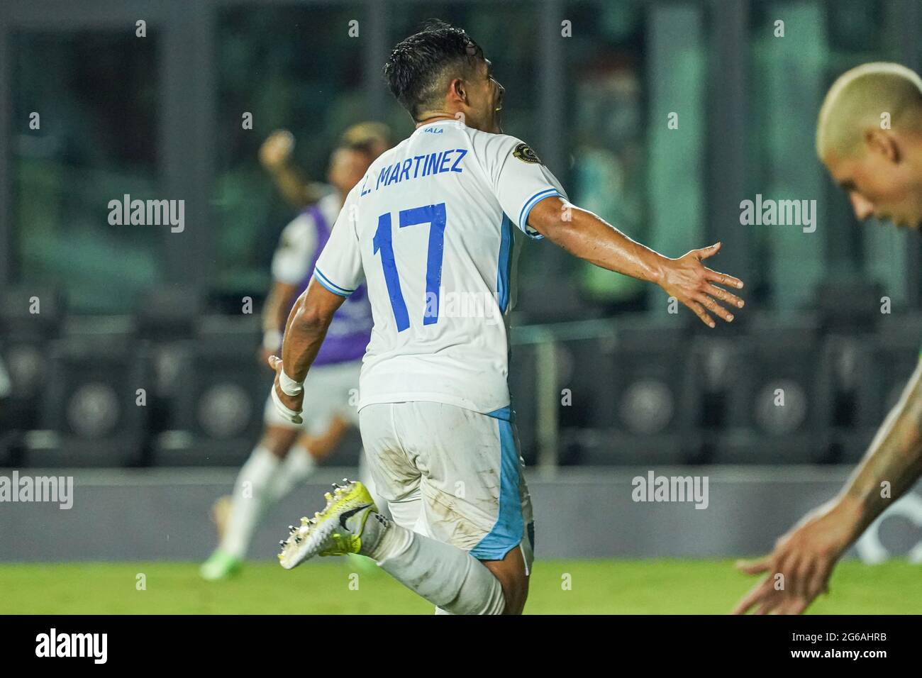 Fort Lauderdale, Florida, Stati Uniti, 3 luglio 2021, Guatemala Forward Luis Martinez n. 17 festeggia dopo aver segnato contro la Guyana durante la CONCACAF Gold Cup Prelims al Drive Pink Stadium. (Photo Credit: Marty Jean-Louis) Credit: Marty Jean-Louis/Alamy Live News Foto Stock