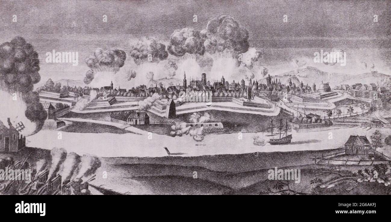 Assedio di Danzica da parte delle truppe russe nel 1734. Incisione del 18 ° secolo. Foto Stock