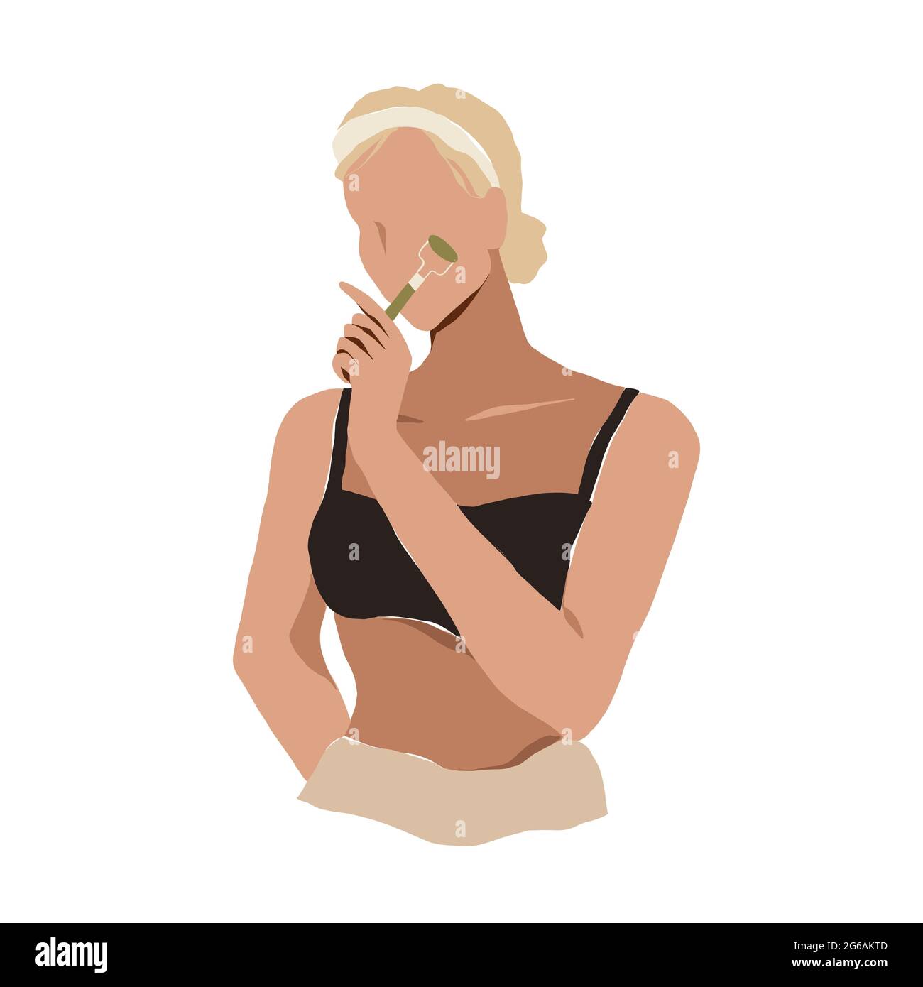 Giovane donna che usa il rullo di faccia di giada, massaggiando il suo viso con il massaggiatore di rullo di pietra di quarzo di gua sha, rituale di skincare anti invecchiamento, vettore di cartoni animati piatti Illustrazione Vettoriale