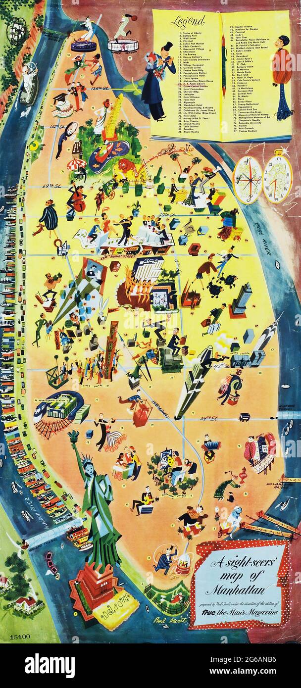 Divertente mappa illustrata di New York / Manhattan. "Una mappa di Manhattan per gli avvistatori". Inclusa la Statua della libertà. 1946. Da vero, la rivista maschile. Foto Stock