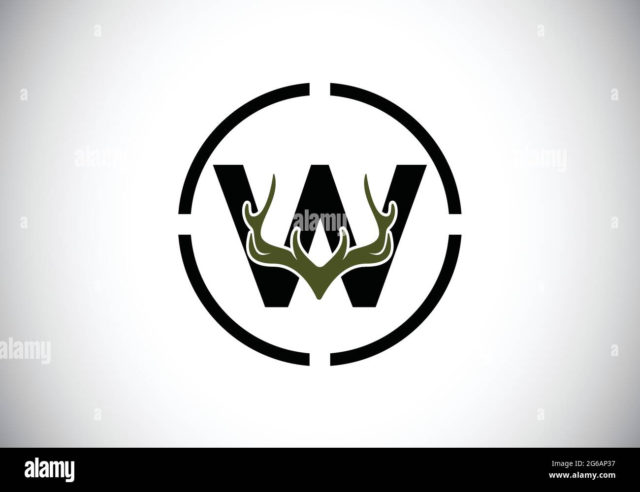 Lettera W con cervi antlers a forma di bersaglio, modello vettoriale di disegno di logo piatto, simbolo di ispirazione di caccia per l'identità aziendale Illustrazione Vettoriale