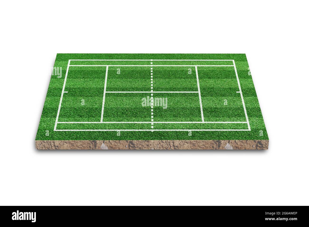 Campo da tennis isolato su sfondo bianco. Verde erba realistico. Rendering 3D Foto Stock