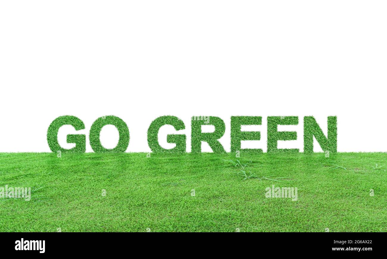 Go Green su campo di erba isolato su sfondo bianco. Concetto di ecologia Foto Stock