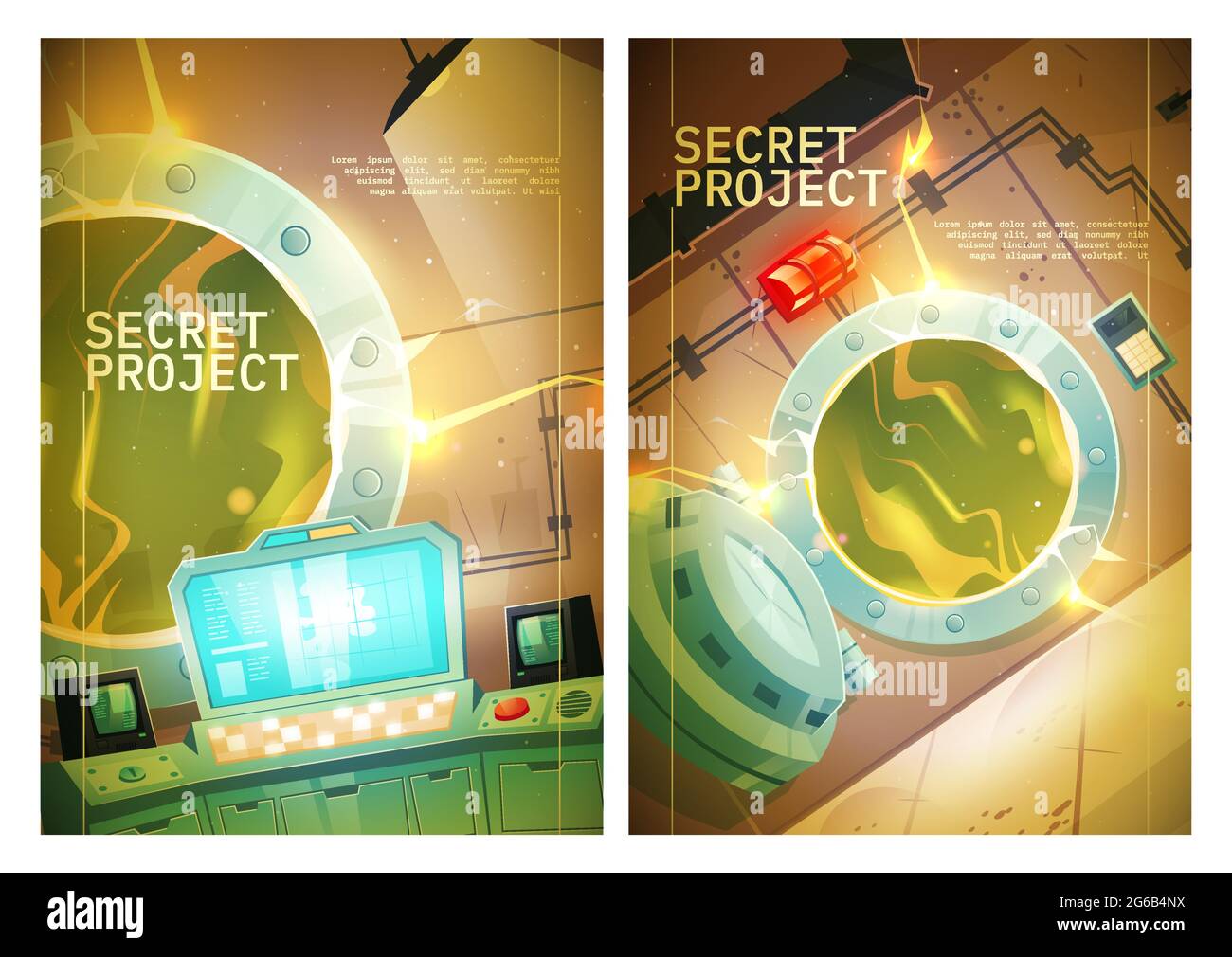 Poster di progetto segreto con pannello di controllo in centrale nucleare con porta aperta al reattore. Volantini vettoriali per il gioco di ricerca con interno cartone animato di bunker o laboratorio con radiazione verde bagliore Illustrazione Vettoriale