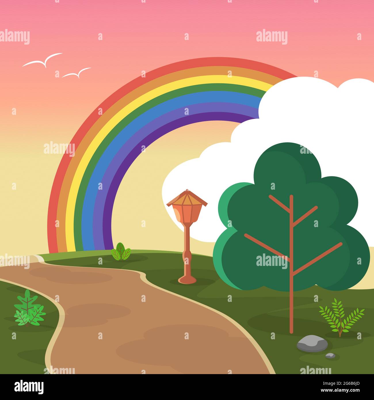 Bella Rainbow Summer Hills Street natura paesaggio Illustrazione Illustrazione Vettoriale