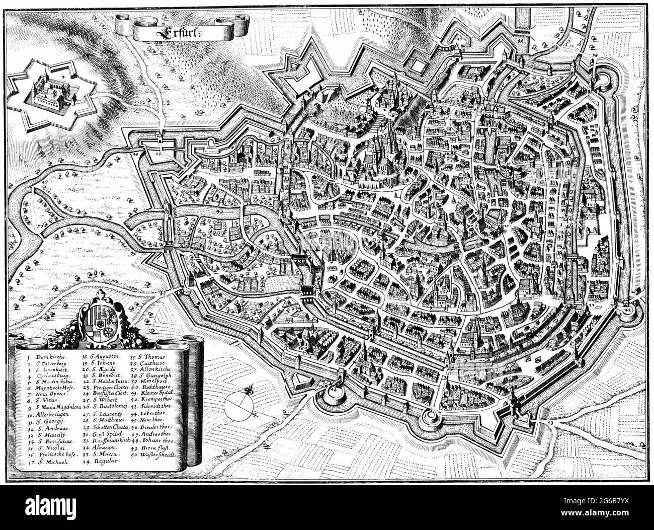 Matthäus Merian, Topografia superiore Saxoniae: Erfurt Mappa della città tedesca Erfurt dal 1650 Foto Stock