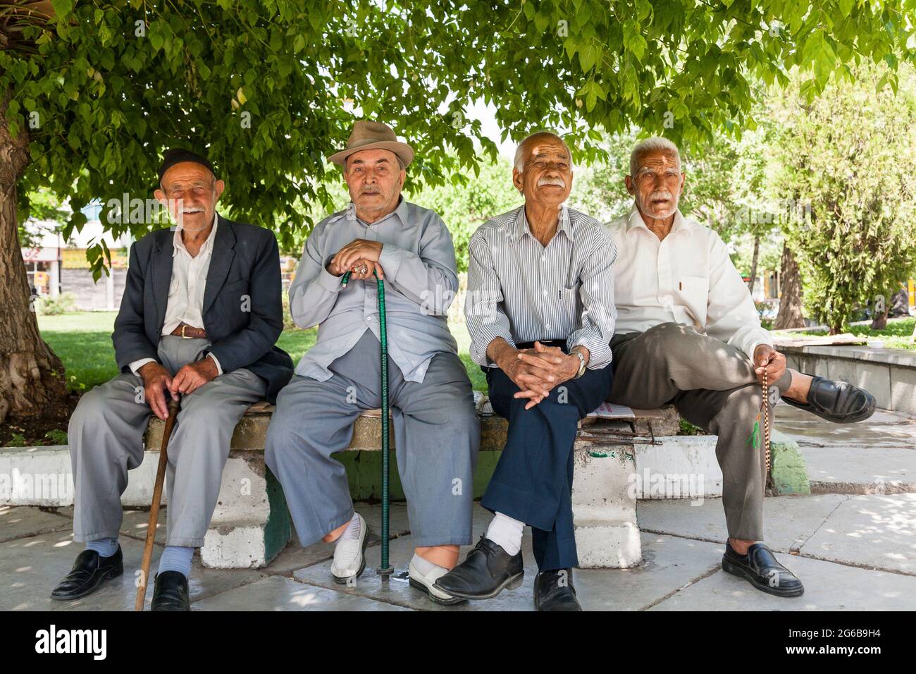 Anziani che riposano sotto l'albero a piazza, Hamedan (Hamadan), Provincia di Hamadan, Iran, Persia, Asia occidentale, Asia Foto Stock