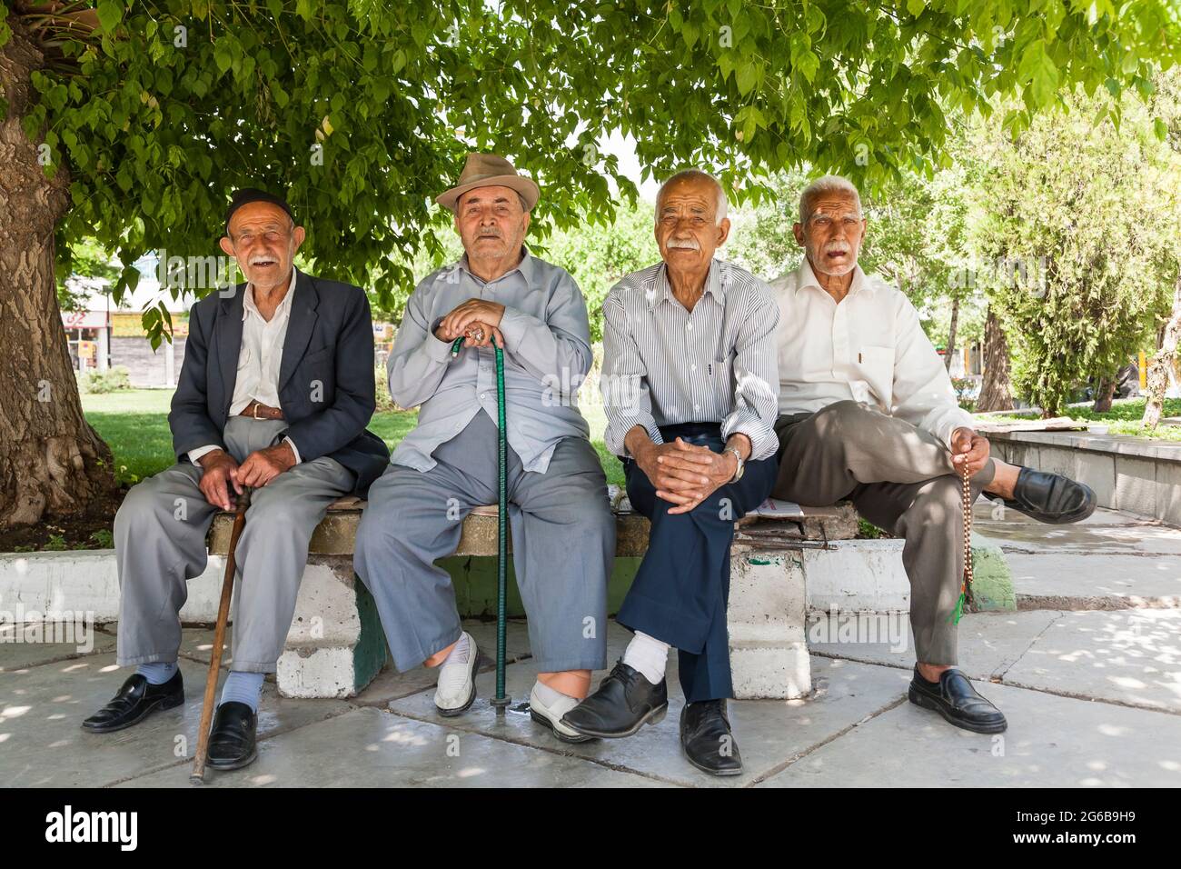 Anziani che riposano sotto l'albero a piazza, Hamedan (Hamadan), Provincia di Hamadan, Iran, Persia, Asia occidentale, Asia Foto Stock