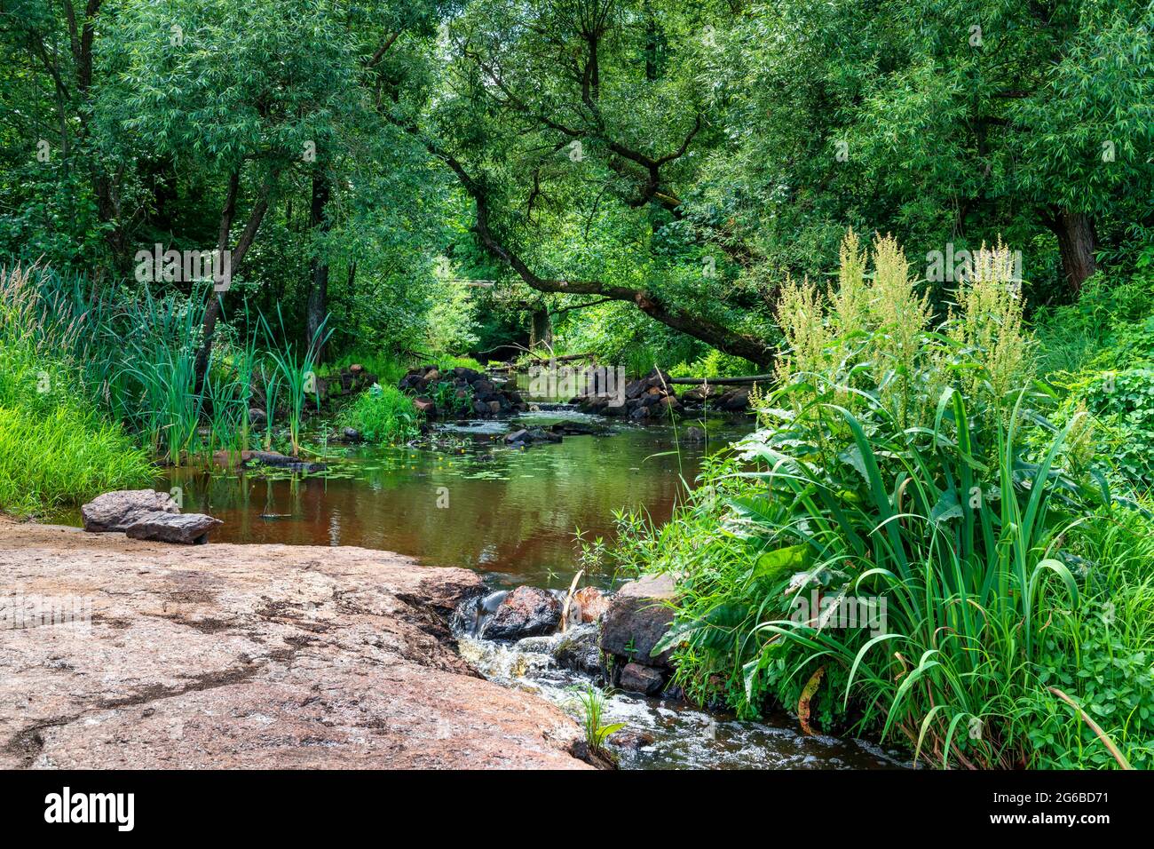 Bellissimo piccolo fiume con rive granite, acqua rossa e fiori Foto Stock