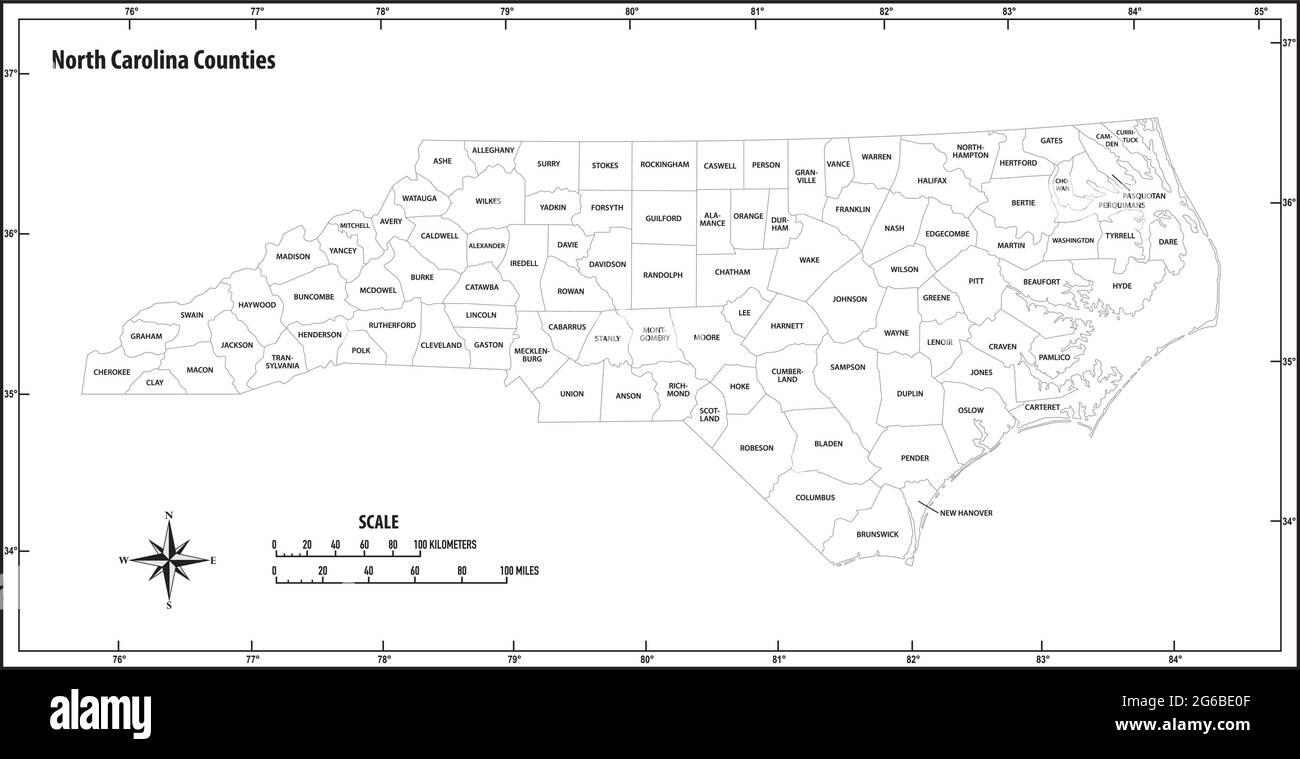 mappa vettoriale amministrativa e politica dello stato del north carolina in bianco e nero Illustrazione Vettoriale