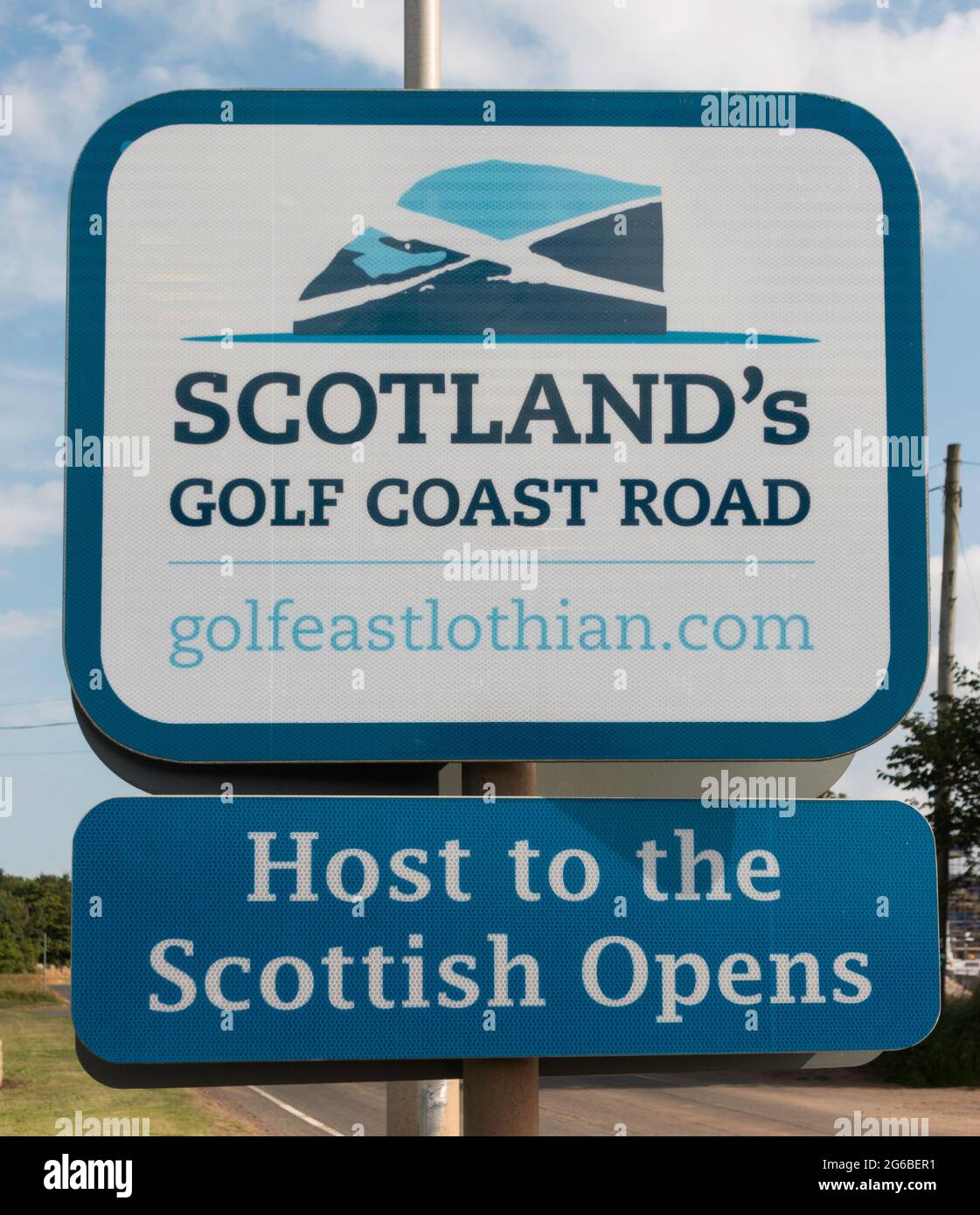 Firma Scotland's Golf Coast Road, che ospita lo Scottish Open, a Dunbar, East Lothian, Scozia, Regno Unito Foto Stock