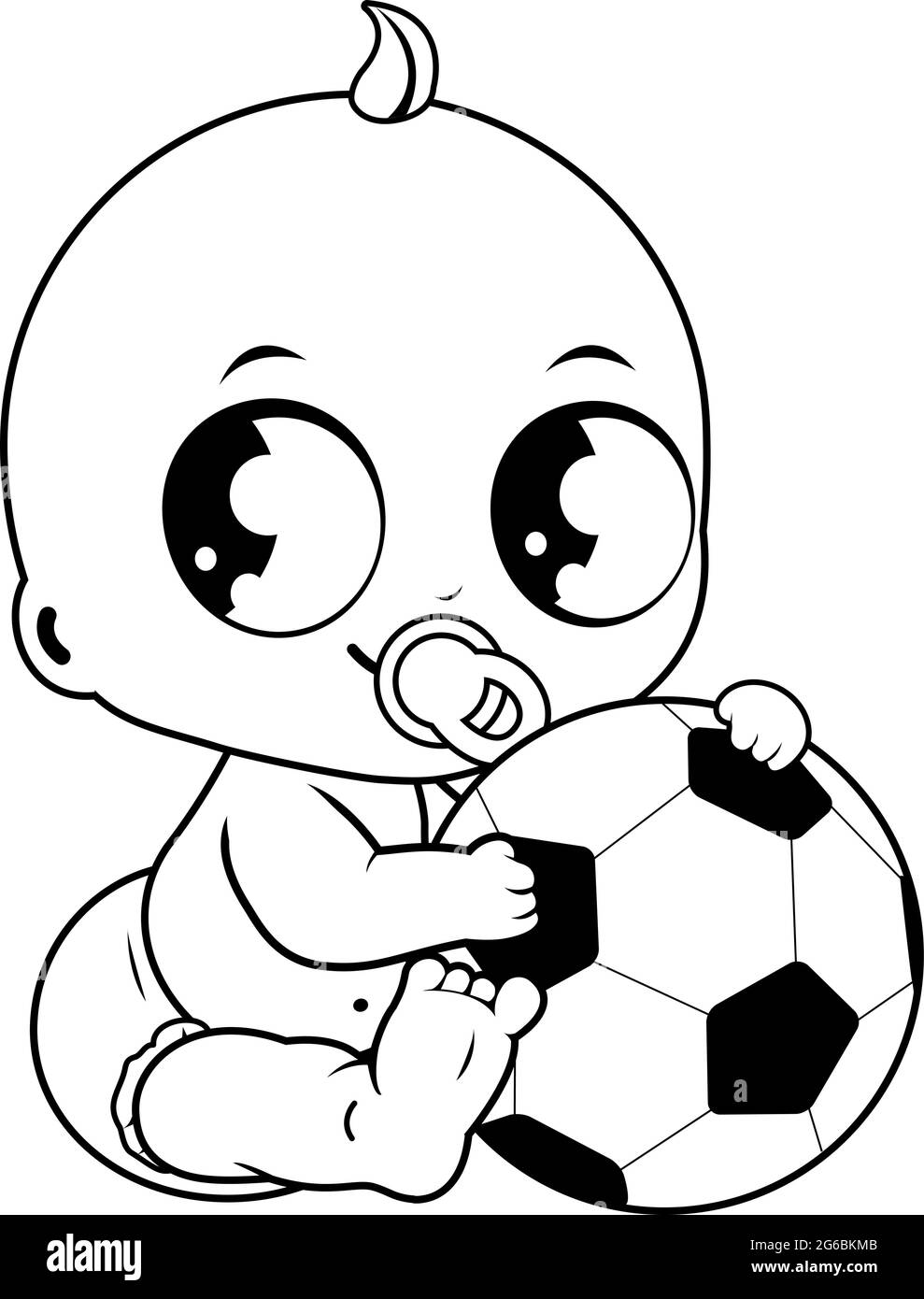 Bambino ragazzo che gioca con una palla di calcio. Pagina vettoriale in bianco e nero Illustrazione Vettoriale