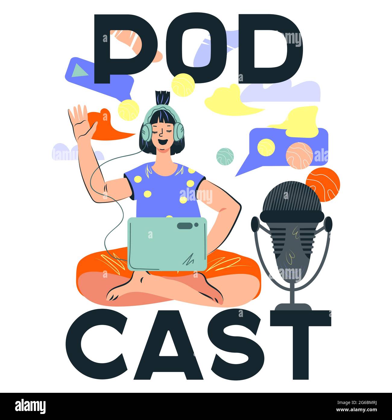 Il design dell'emblema podcast con una donna che parla con la registrazione del microfono o con il podcast principale. Schermata iniziale per la trasmissione radio del social network, vettore cartoon Illustrazione Vettoriale