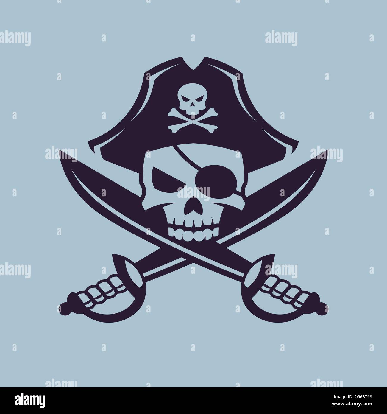 Cranio con sciabole incrociate. Concept art pirata in stile monocromatico. Illustrazione Vettoriale