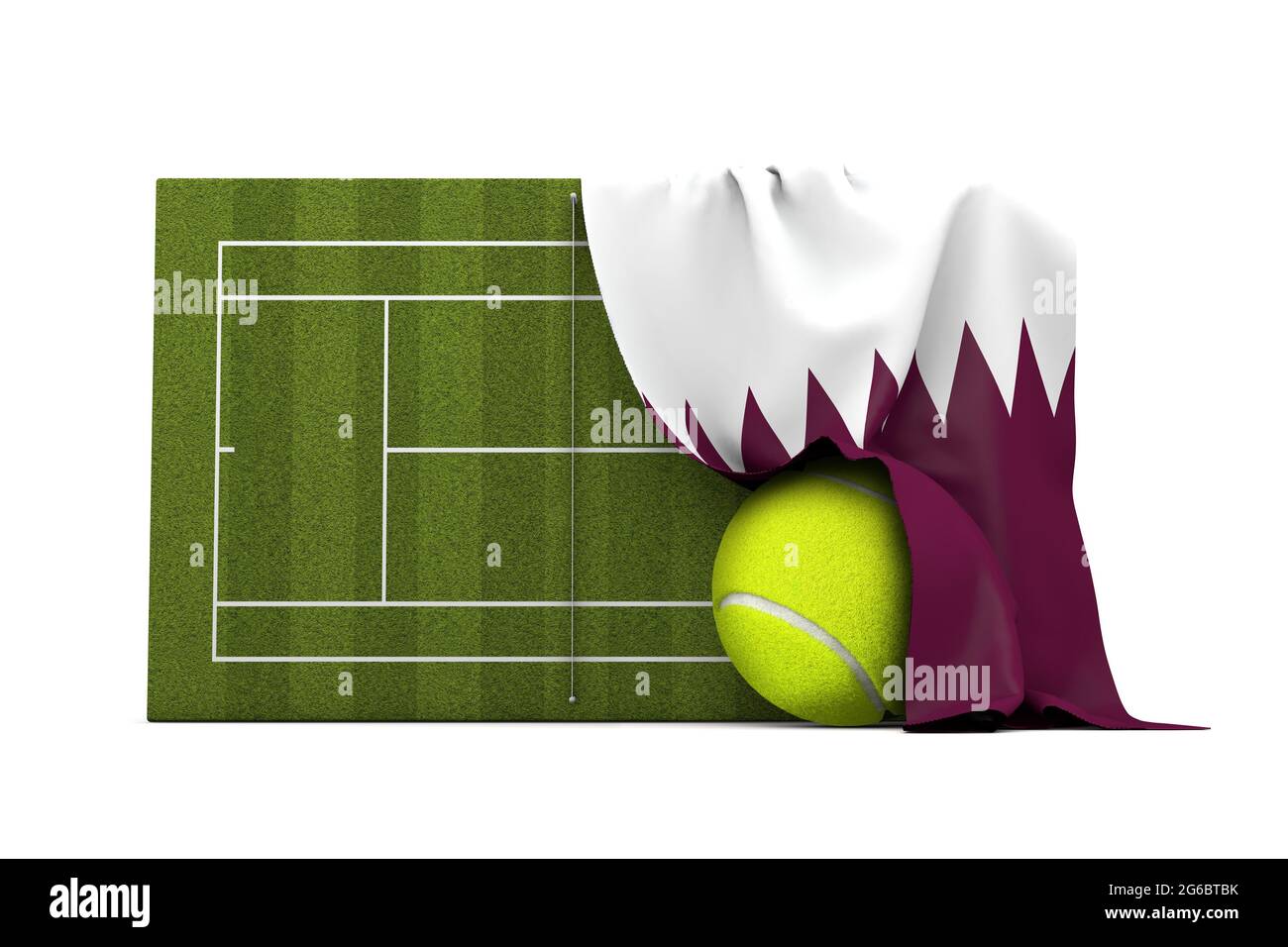 Bandiera del Qatar drappeggiato su un campo da tennis e palla in erba. Rendering 3D Foto Stock