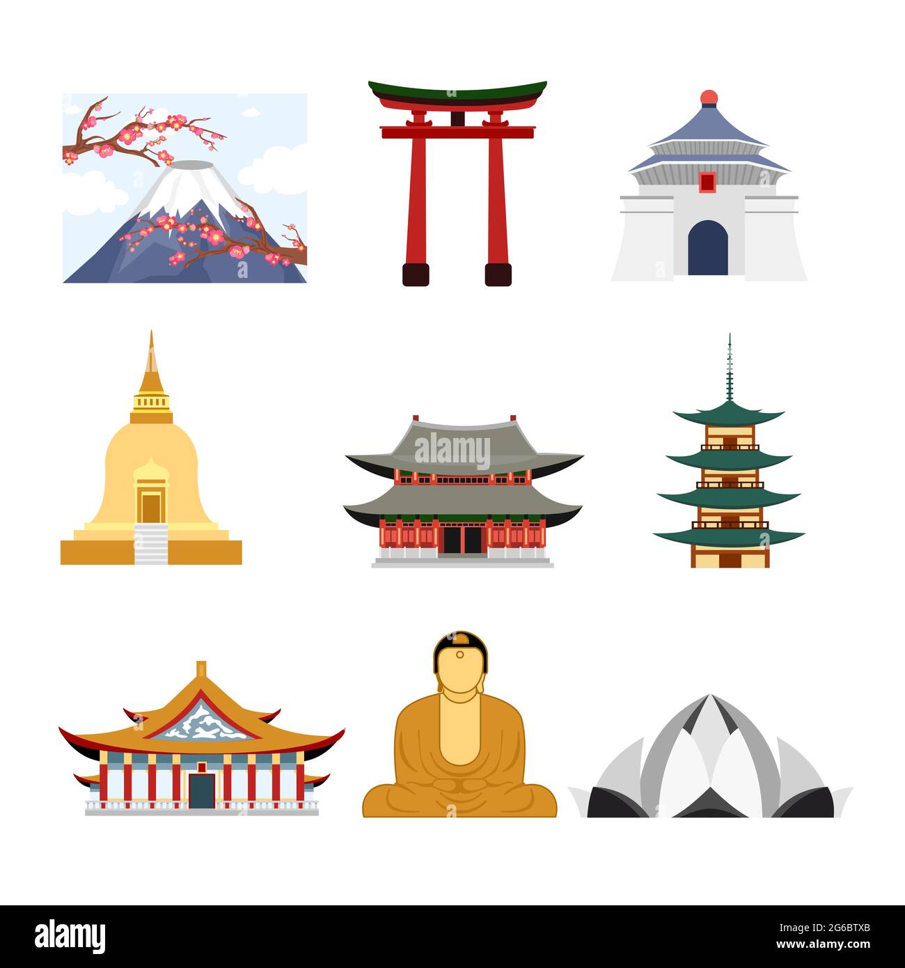 Illustrazione vettoriale insieme di viaggio Asia con edifici famosi Asia, vulcano e statua di Buddha icone, concetto di viaggio in stile piatto. Illustrazione Vettoriale Illustrazione vettoriale insieme di viaggio Asia con edifici famosi Asia, vulcano e statua di Buddha icone, concetto di viaggio in stile piatto. Illustrazione Vettoriale