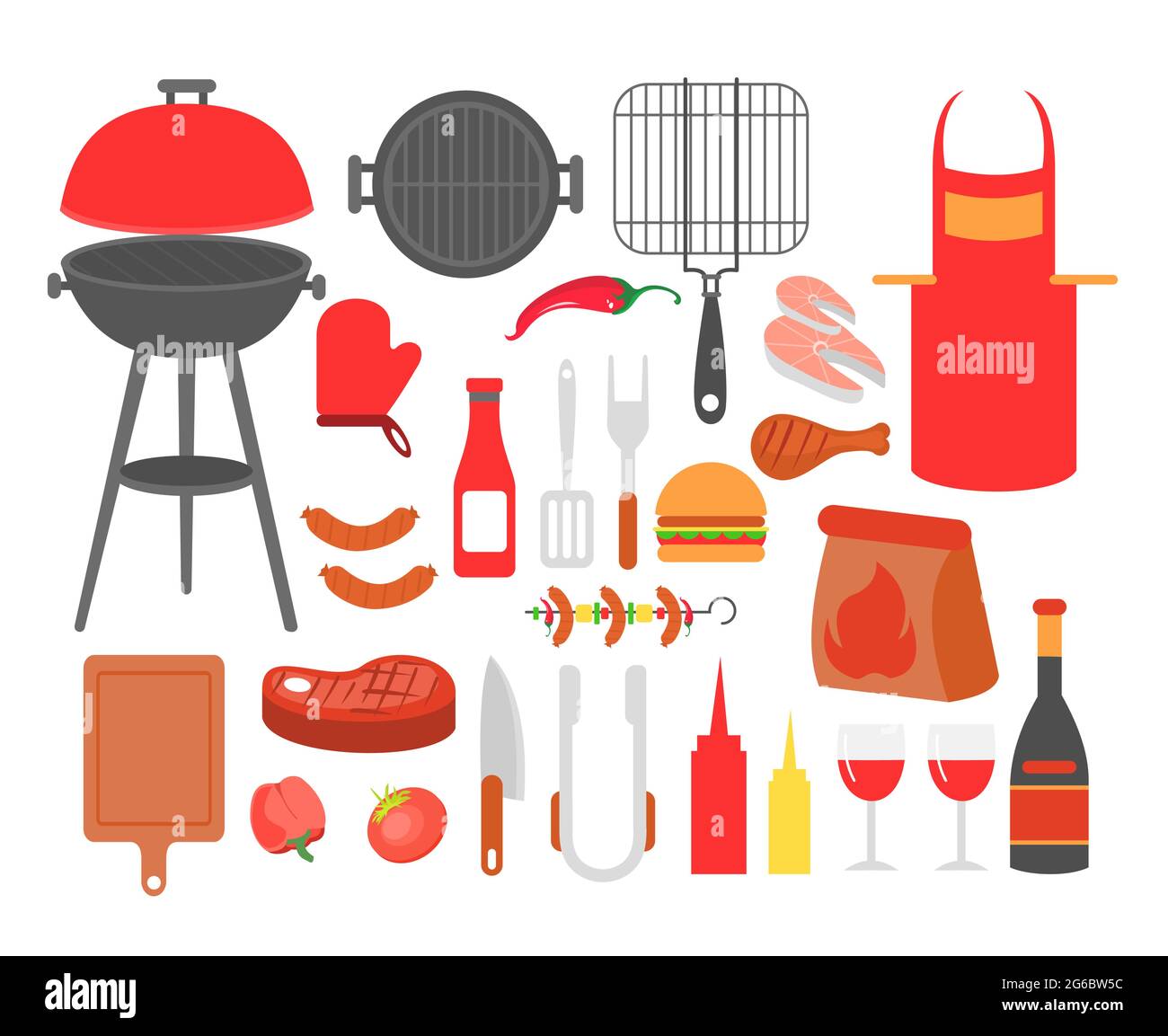 Illustrazione vettoriale di barbecue, bistecca di cibo alla griglia, salsiccia, pollo, frutti di mare e verdure, Tutti gli attrezzi per il barbecue partito, cucinano il cibo fuori. Illustrazione Vettoriale
