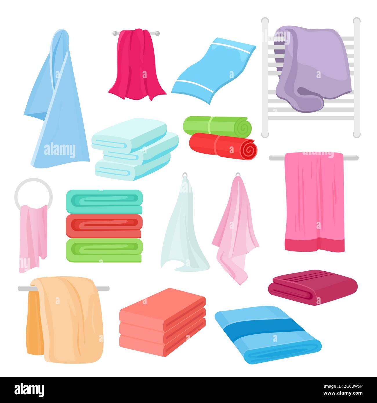 Vector flat illustration Set di tovaglioli per cartoni animati in diversi colori e forme. Asciugamano per il bagno. Illustrazione Vettoriale
