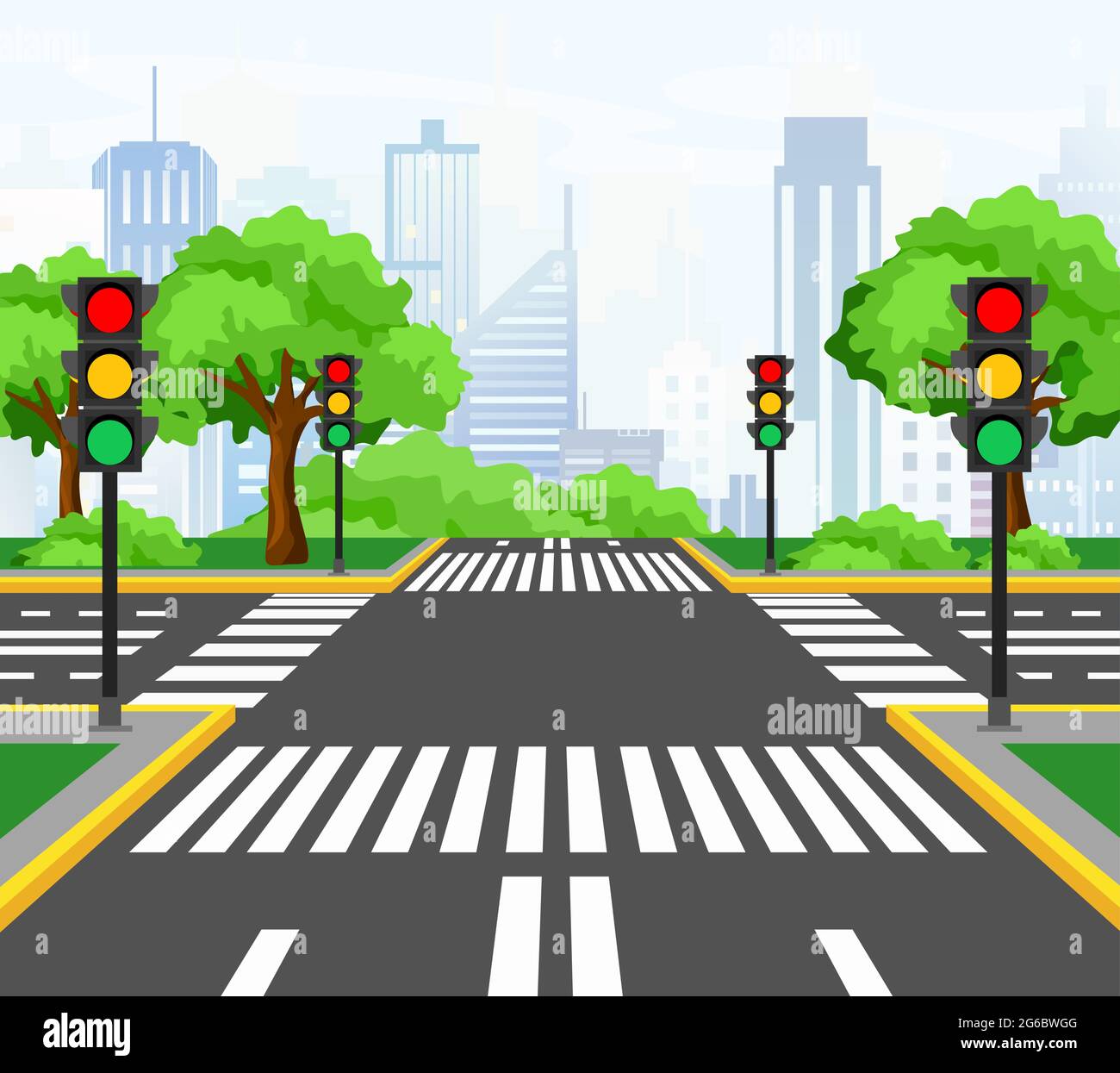 Illustrazione vettoriale delle strade che attraversano la città moderna, incrocio con semafori, segnaletica, alberi e marciapiede per i pedoni. Bellissima Illustrazione Vettoriale