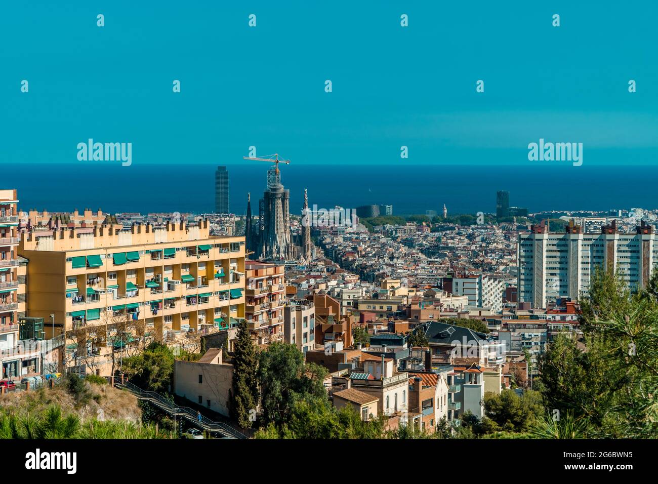 Vista aerea della città di Barcellona visto dal Guell Park Foto Stock