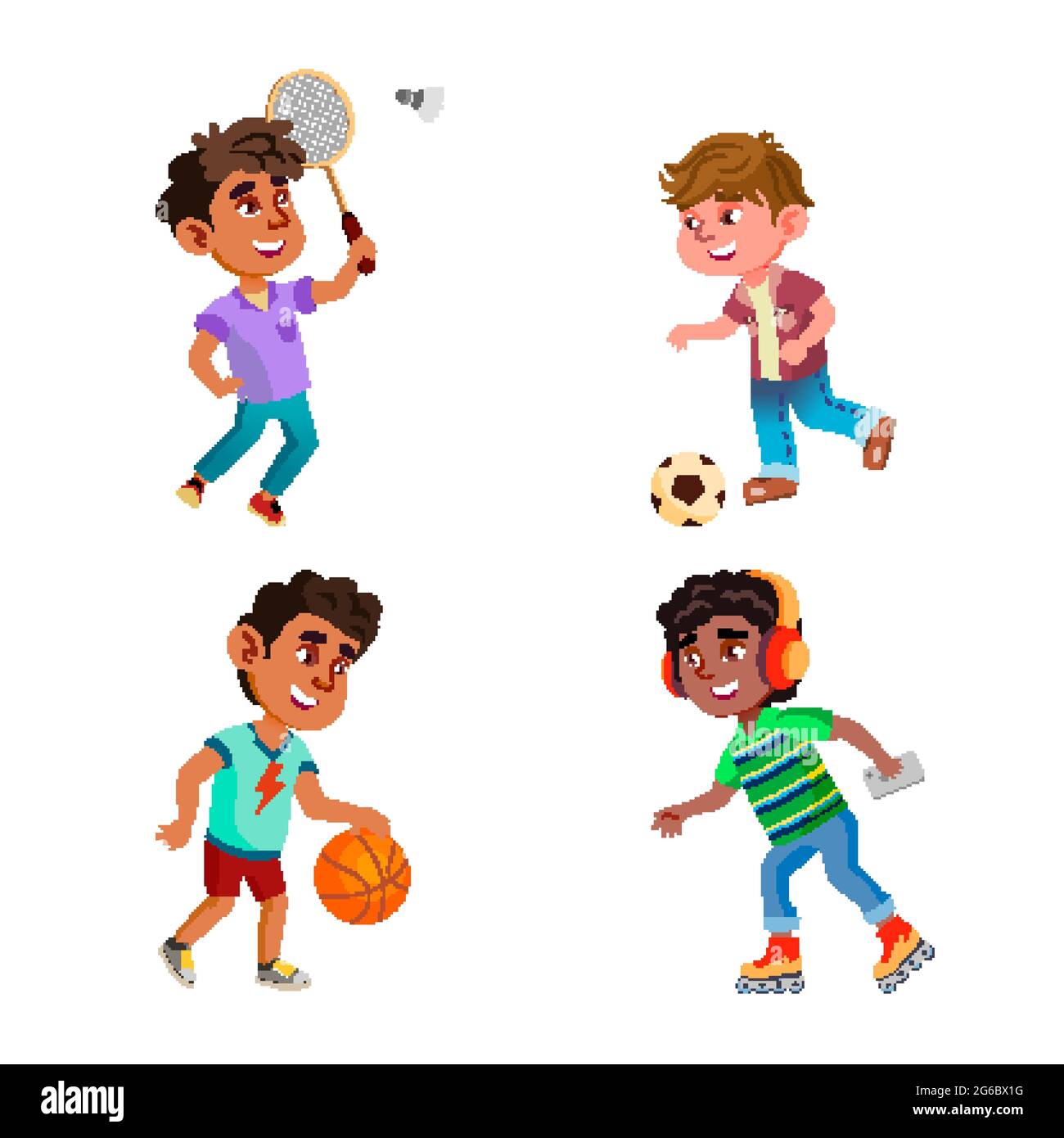 Bambini ragazzi Gioca gioco di sport sul parco giochi Set Vector Illustrazione Vettoriale