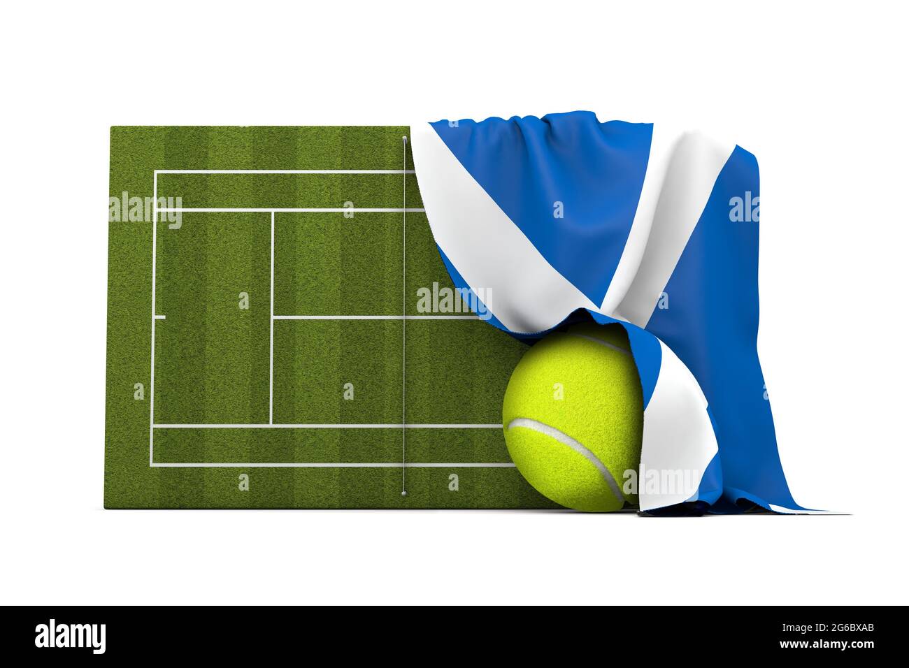 Bandiera scozzese drappeggiato su un campo da tennis in erba e palla. Rendering 3D Foto Stock